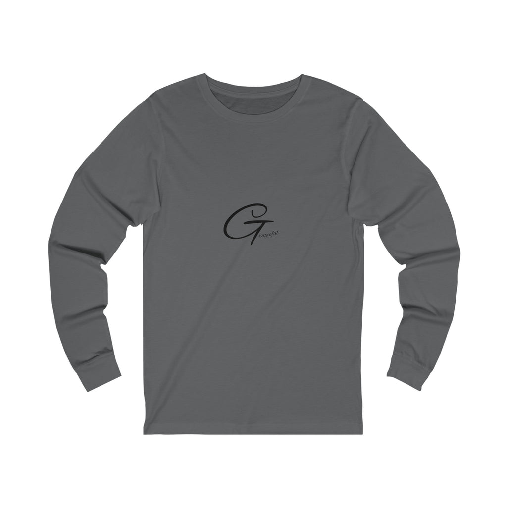 A close-up of a grey unisex long sleeve jersey cotton t-shirt