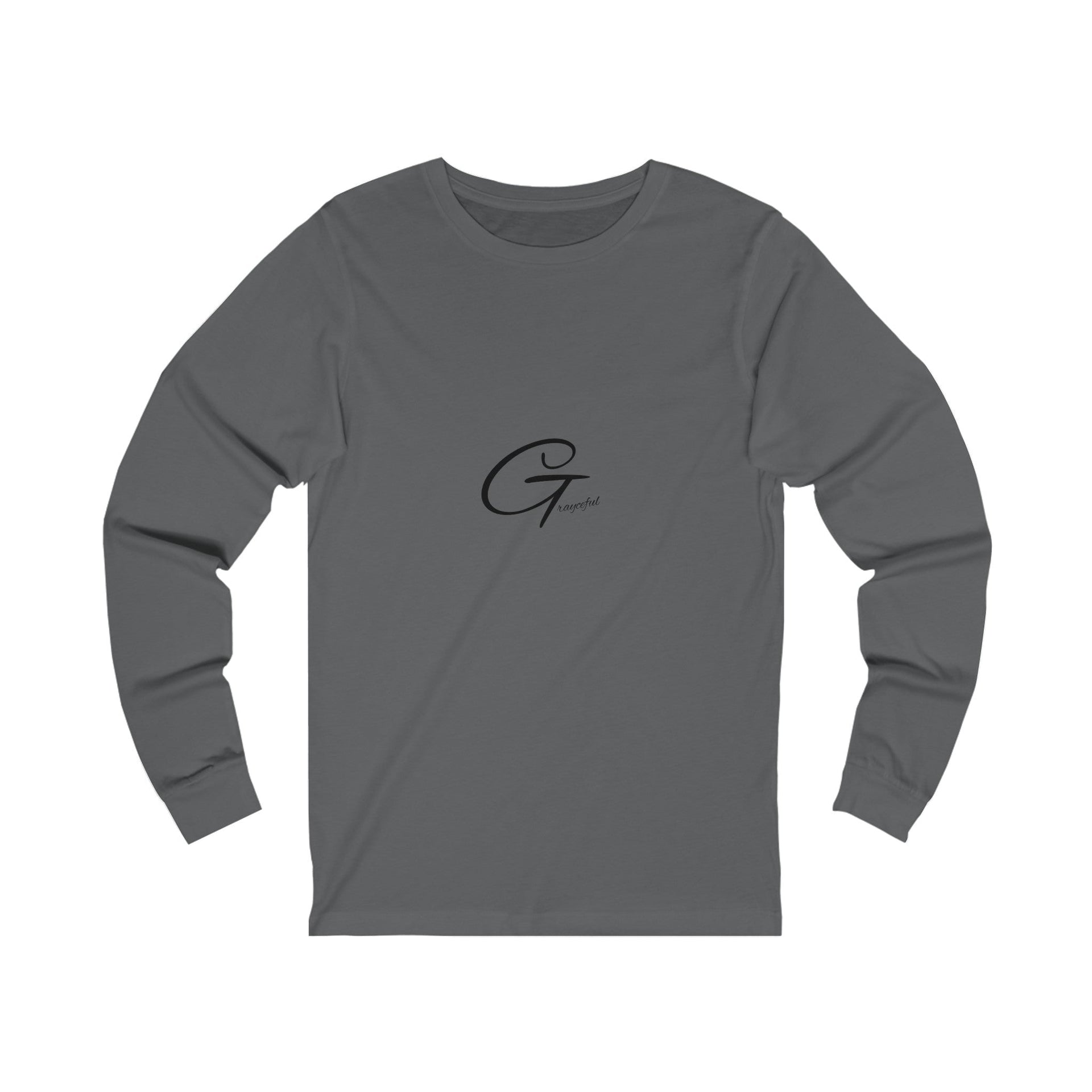 A close-up of a grey unisex long sleeve jersey cotton t-shirt