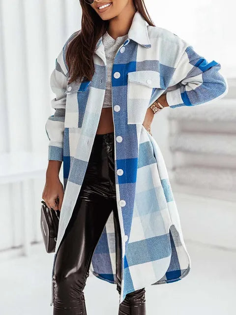 Women's Harajuku Plaid Longline Button-Front Shacket Coat
