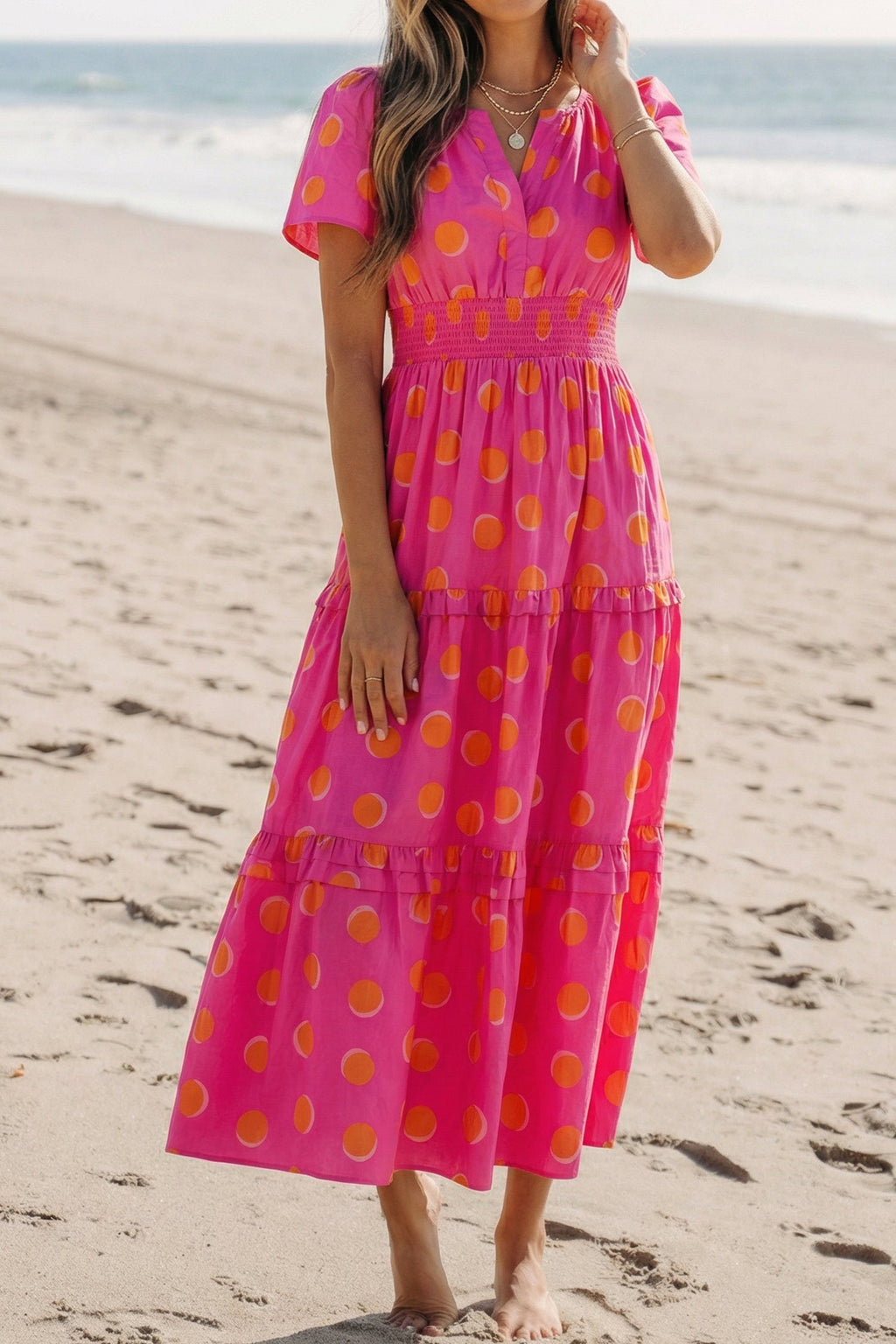 Myra High Waist Midi Dress - Vibrant Polka Dot V-Neck A-Line