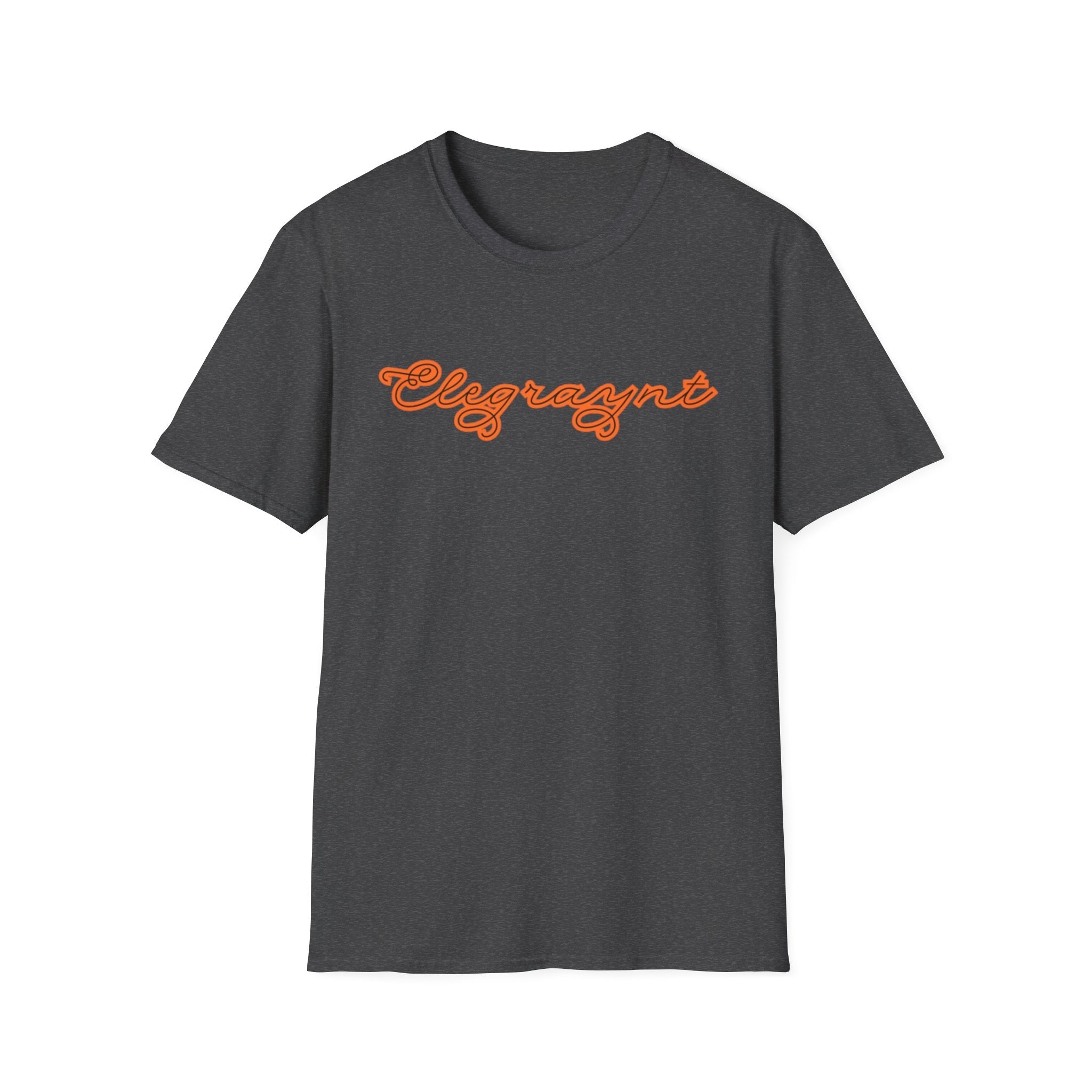 Unisex Softstyle Crewneck T-Shirt in Dark Heather Grey and Orange