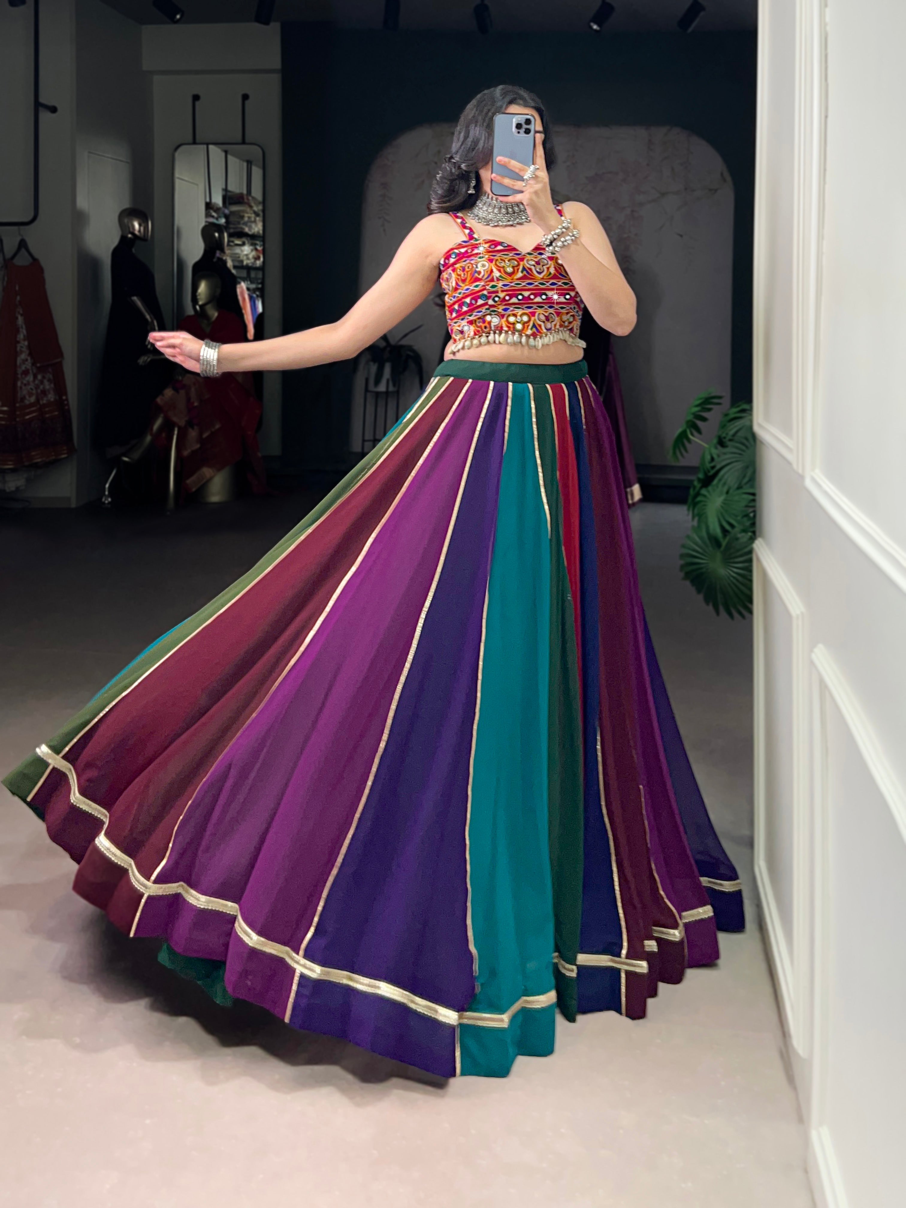Multicolor Georgette Striped Lehenga Choli with Lace Details