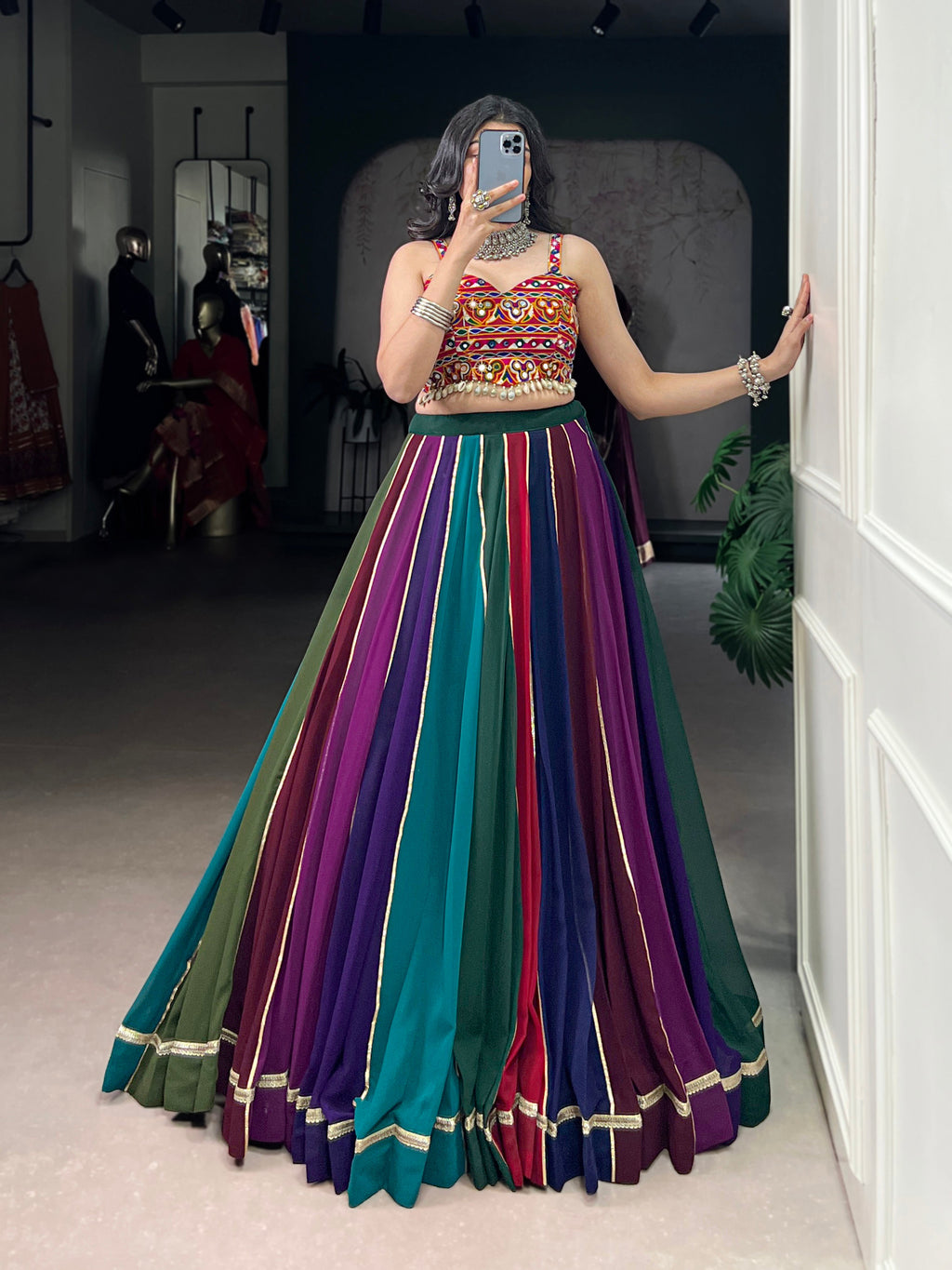 Multicolor Georgette Striped Lehenga Choli with Lace Details