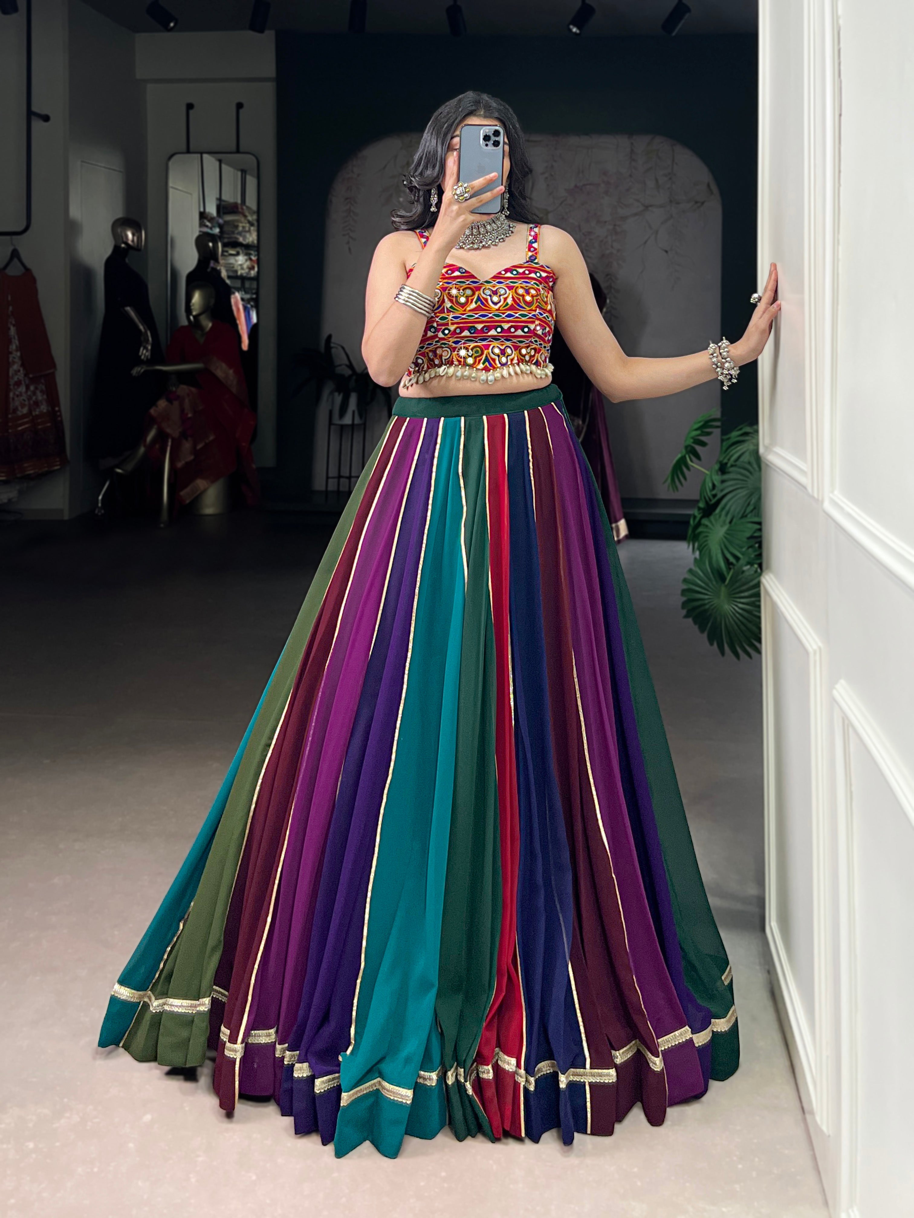 Multicolor Georgette Striped Lehenga Choli with Lace Details