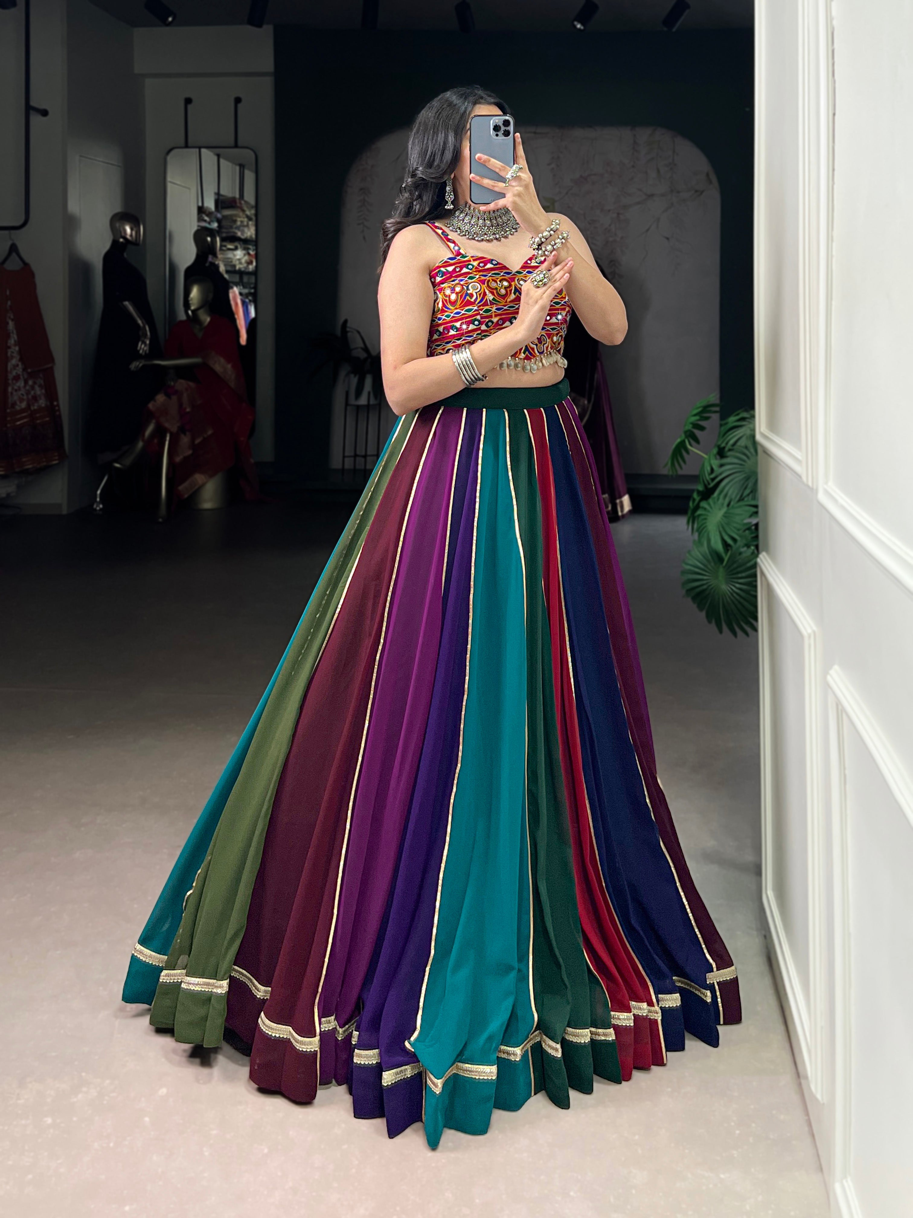 Multicolor Georgette Striped Lehenga Choli with Lace Details