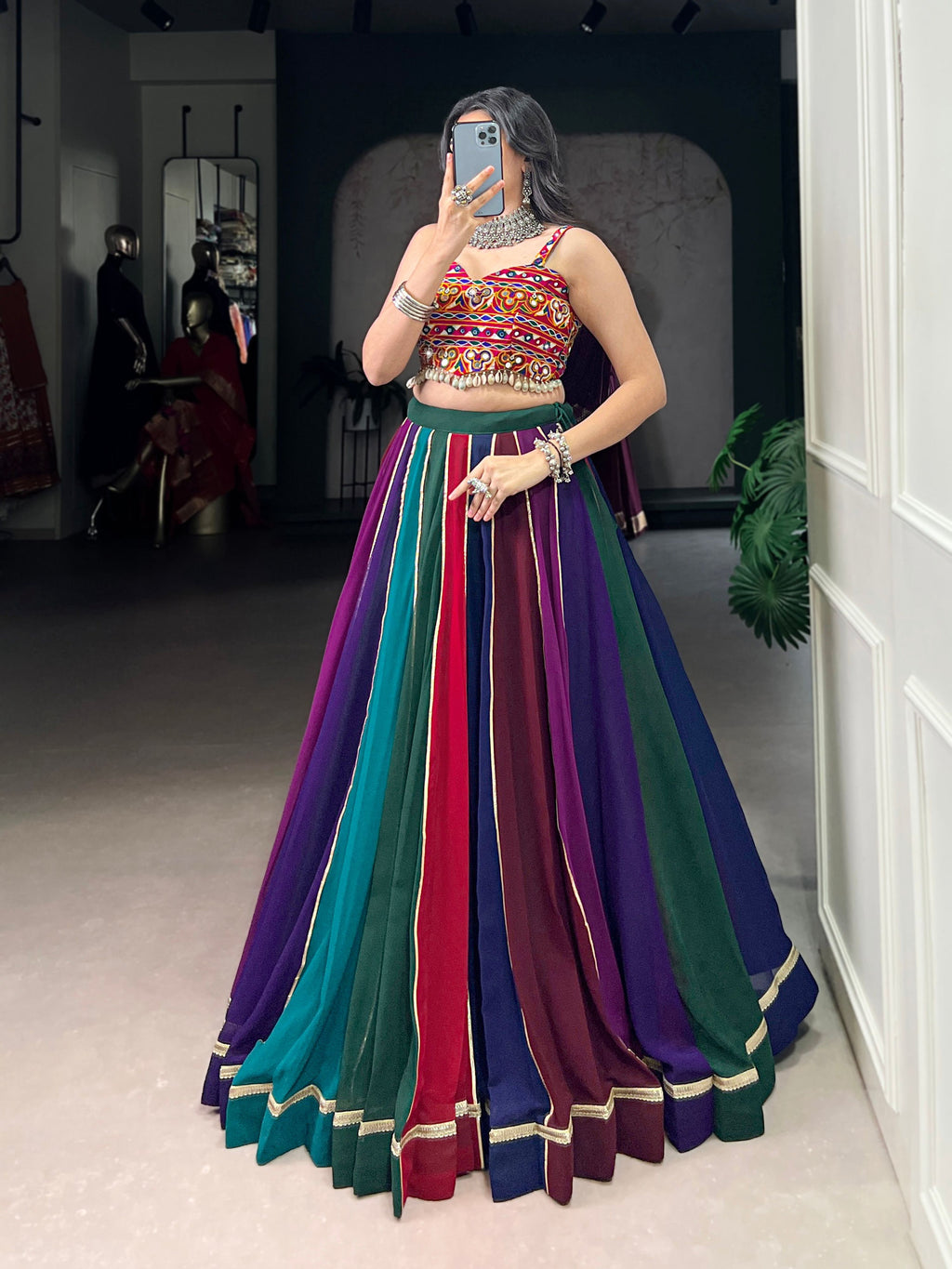 Multicolor Georgette Striped Lehenga Choli with Lace Details