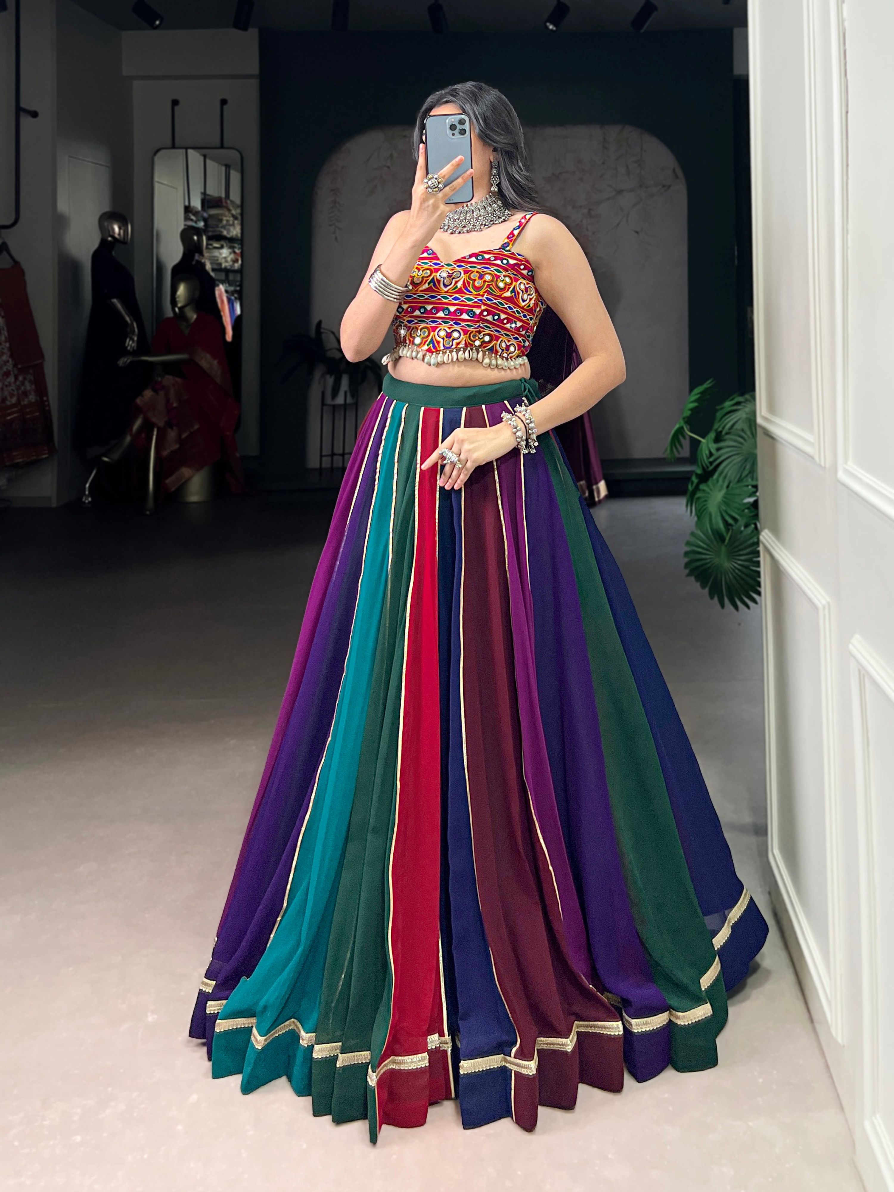 Multicolor Georgette Striped Lehenga Choli with Lace Details