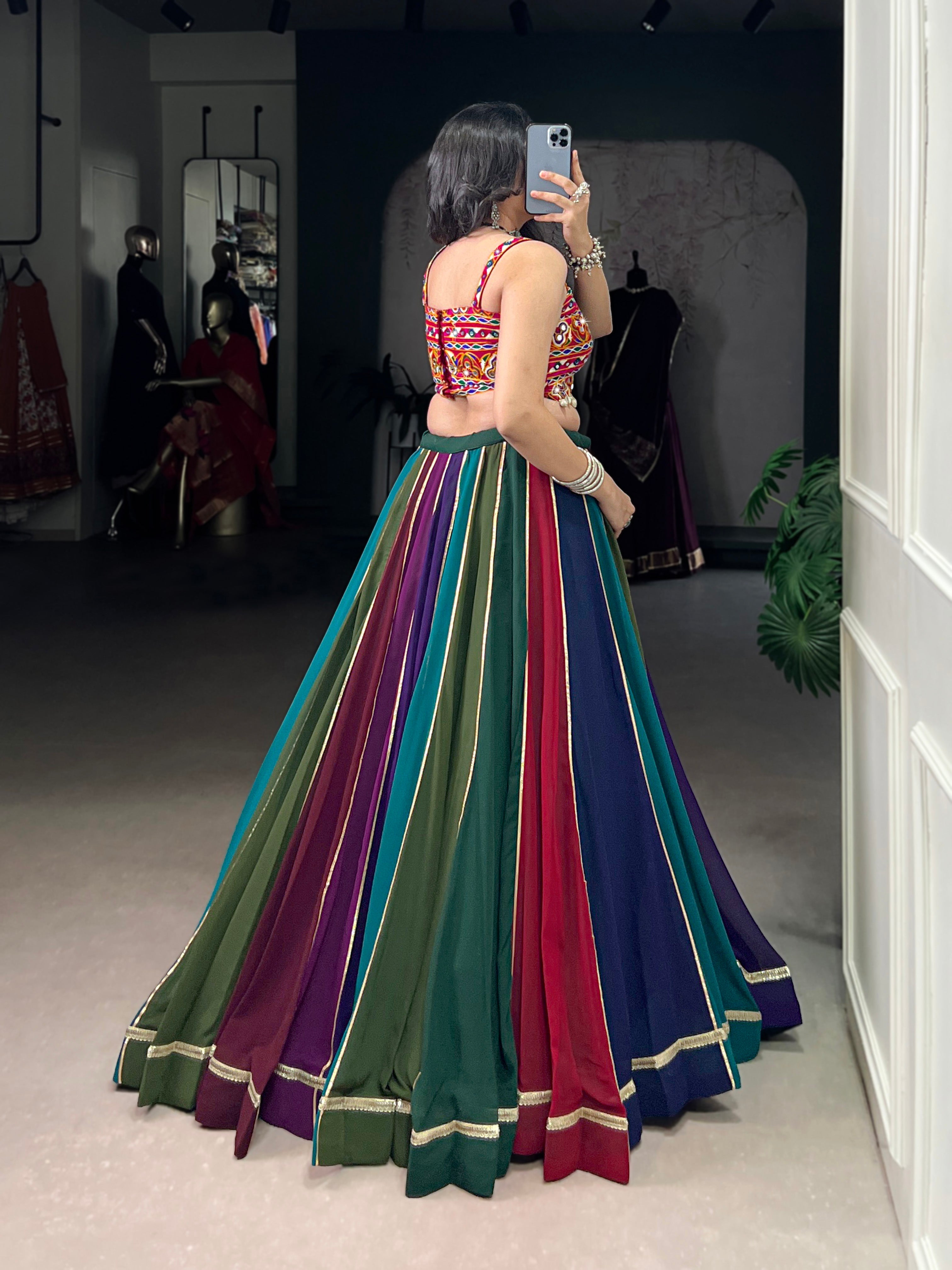 Multicolor Georgette Striped Lehenga Choli with Lace Details