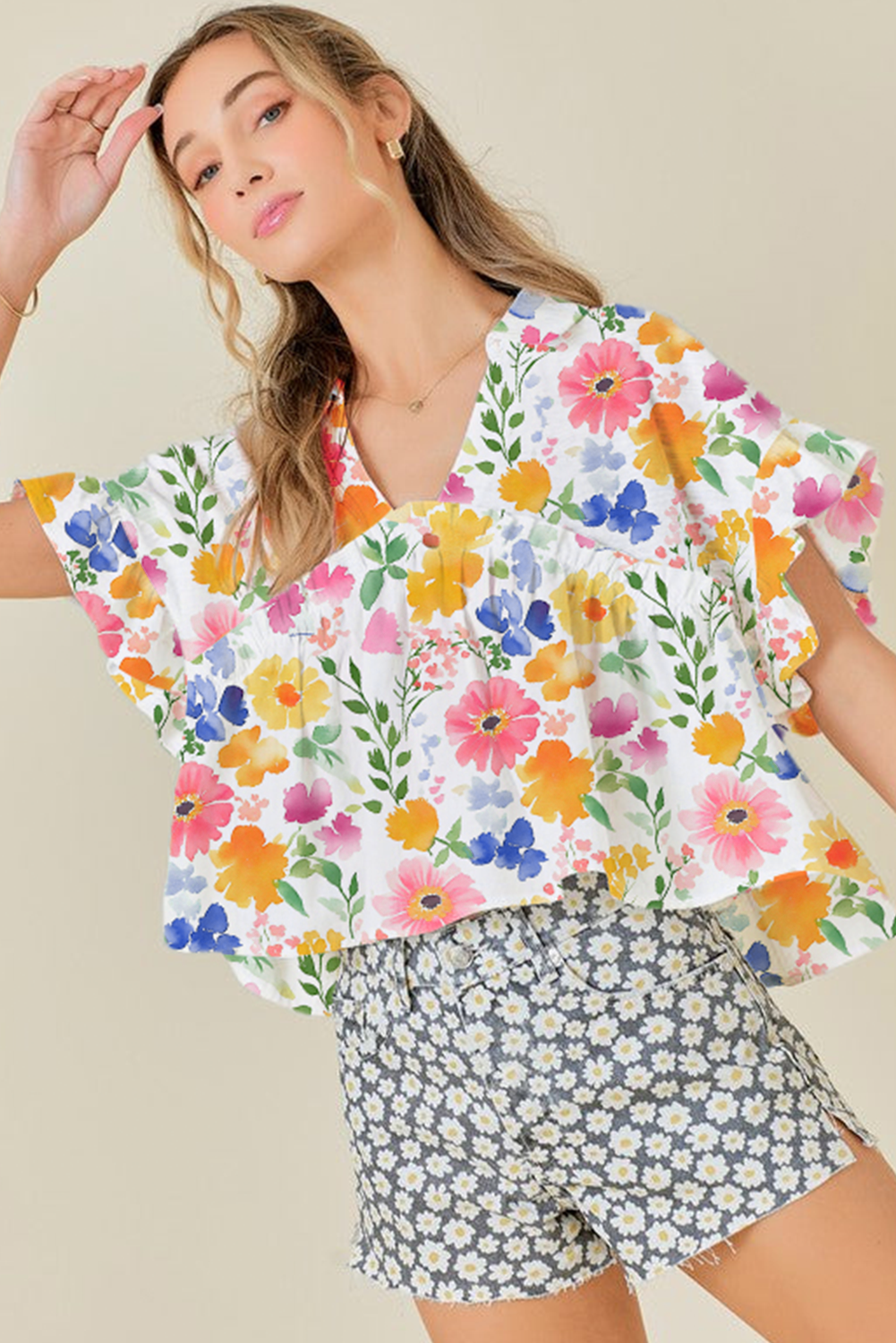 Yellow Floral Boxy V Neck Blouse with Ruffled Short Sleeves