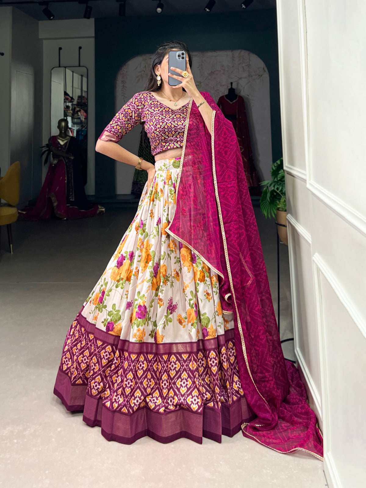 Multicolor Tasar Silk Lehenga Choli with floral patterns, Patola prints, and foil work