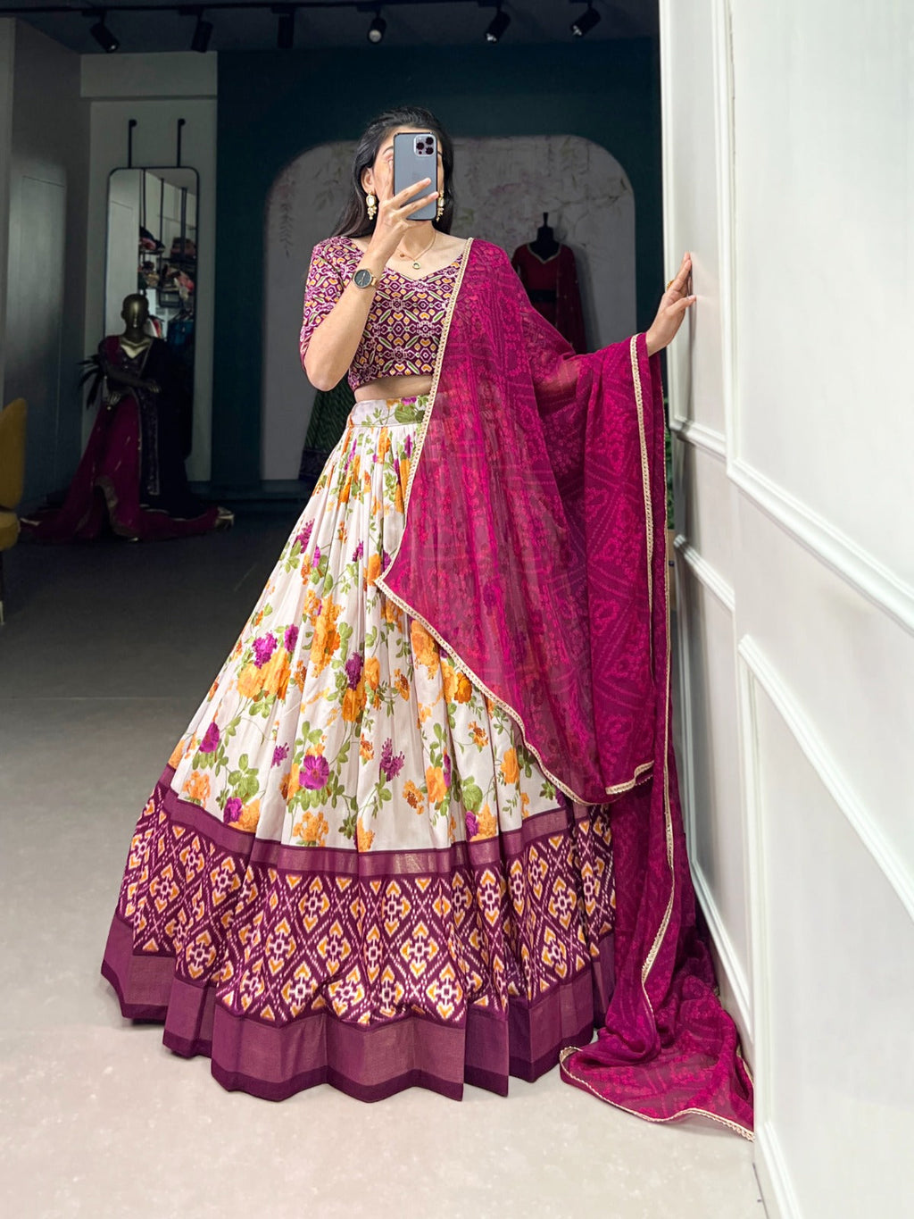 Multicolor Tasar Silk Floral and Patola Print Lehenga Choli with Foil