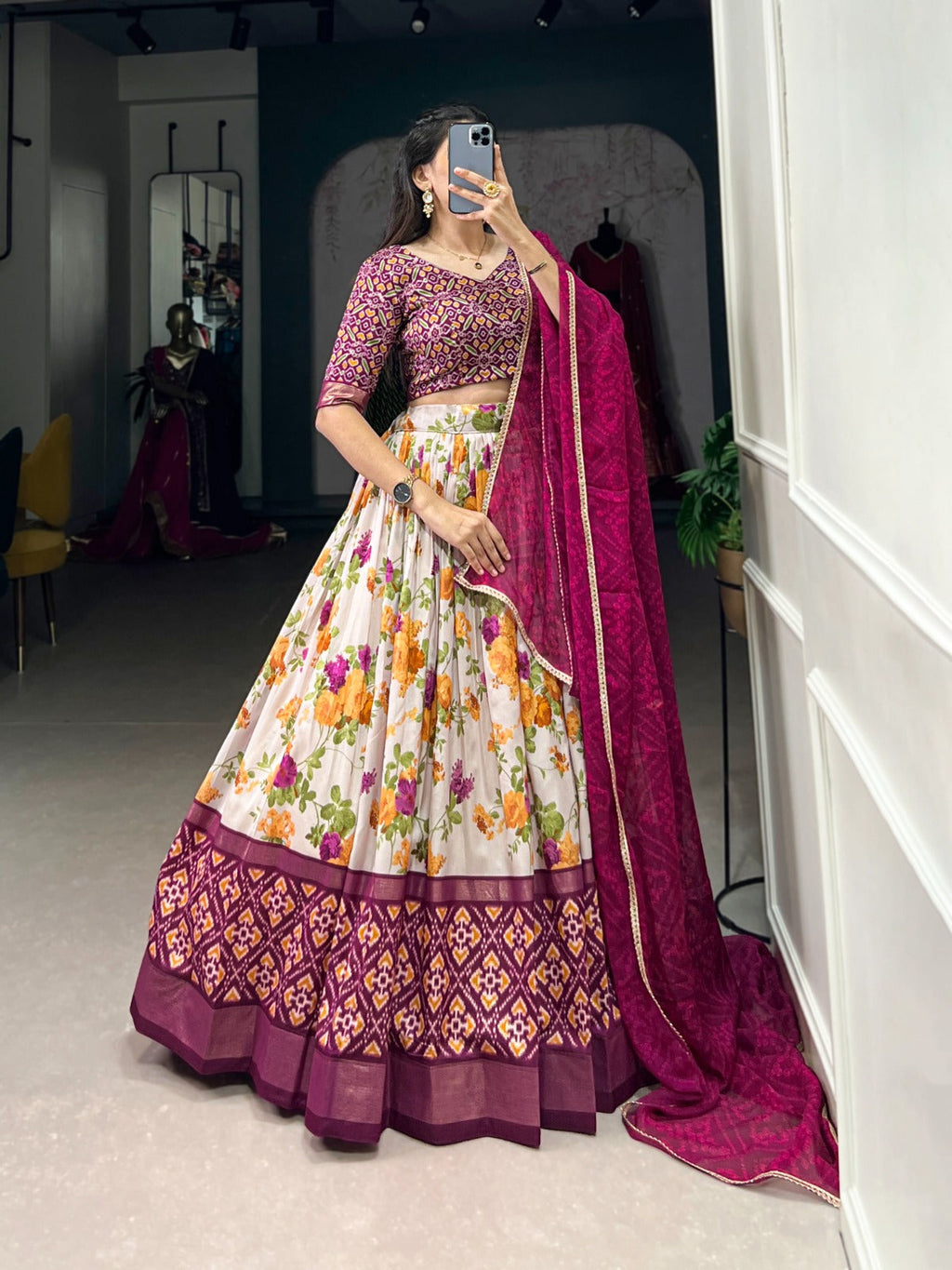 Multicolor Tasar Silk Floral and Patola Print Lehenga Choli with Foil