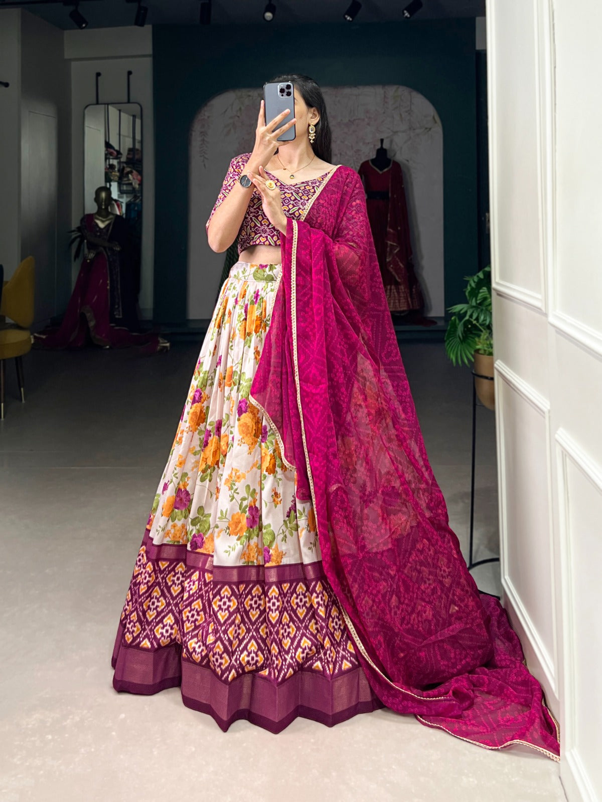 Multicolor Tasar Silk Floral and Patola Print Lehenga Choli with Foil