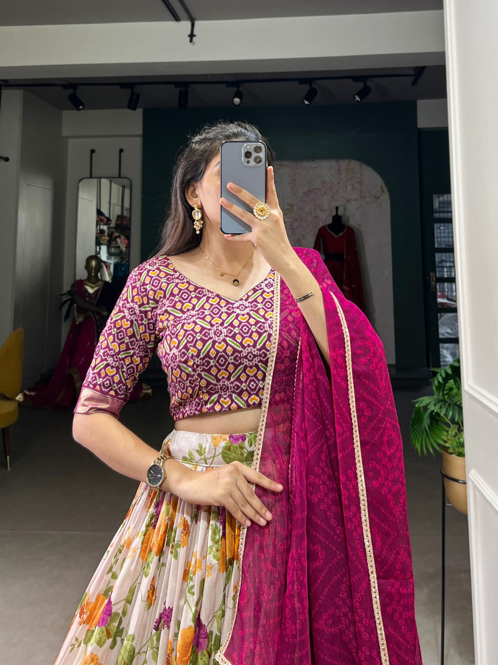 Multicolor Tasar Silk Floral and Patola Print Lehenga Choli with Foil