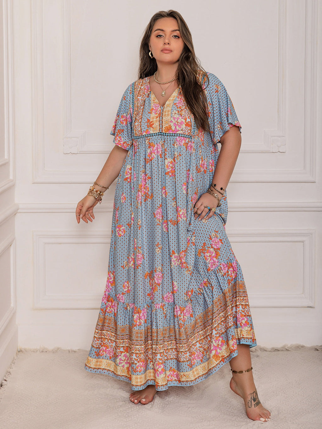 Floral Printed Flutter Sleeve Maxi Dress with Ruched Tie
