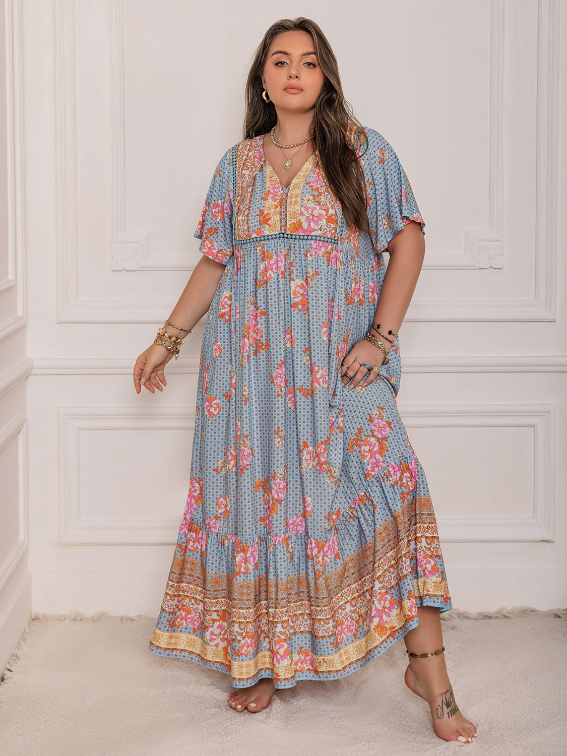 Floral Printed Flutter Sleeve Maxi Dress with Ruched Tie