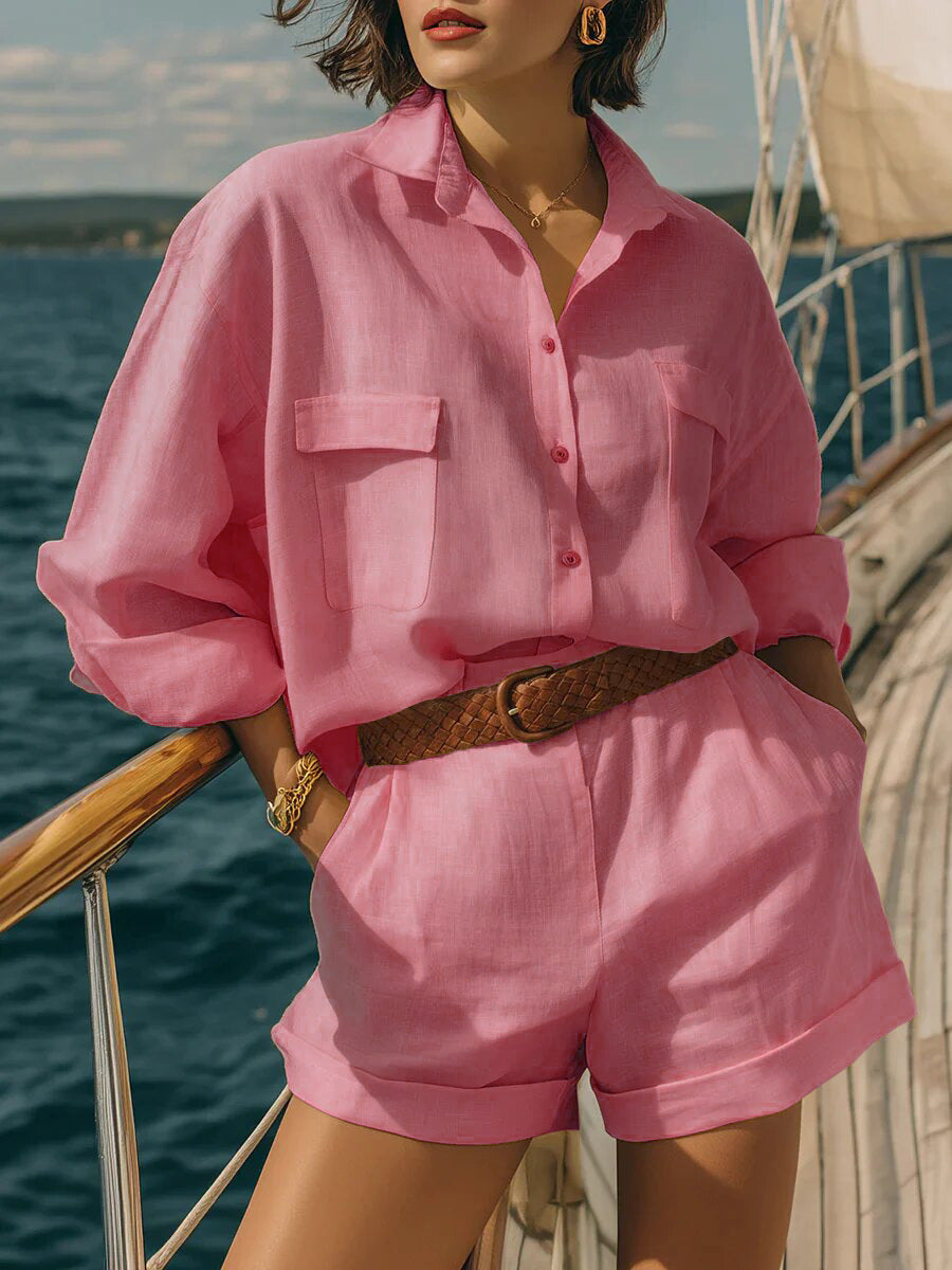 Women's Loose Fit Button Down Shirt and Shorts Casual Set - Image 7
