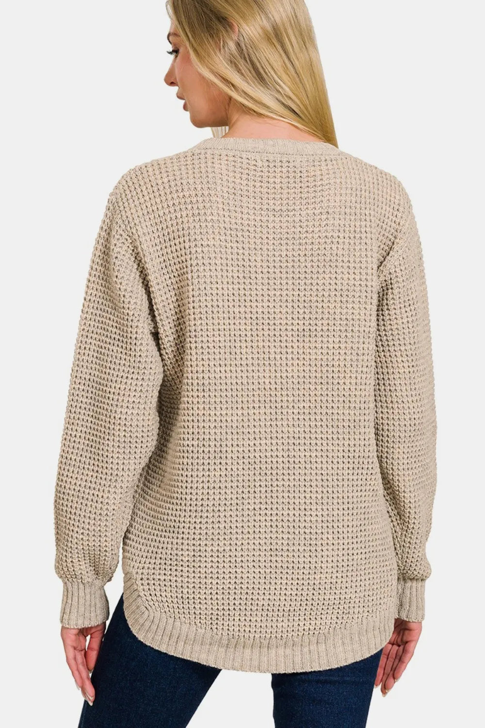 Zenana High Low Waffle Long Sleeve Sweater