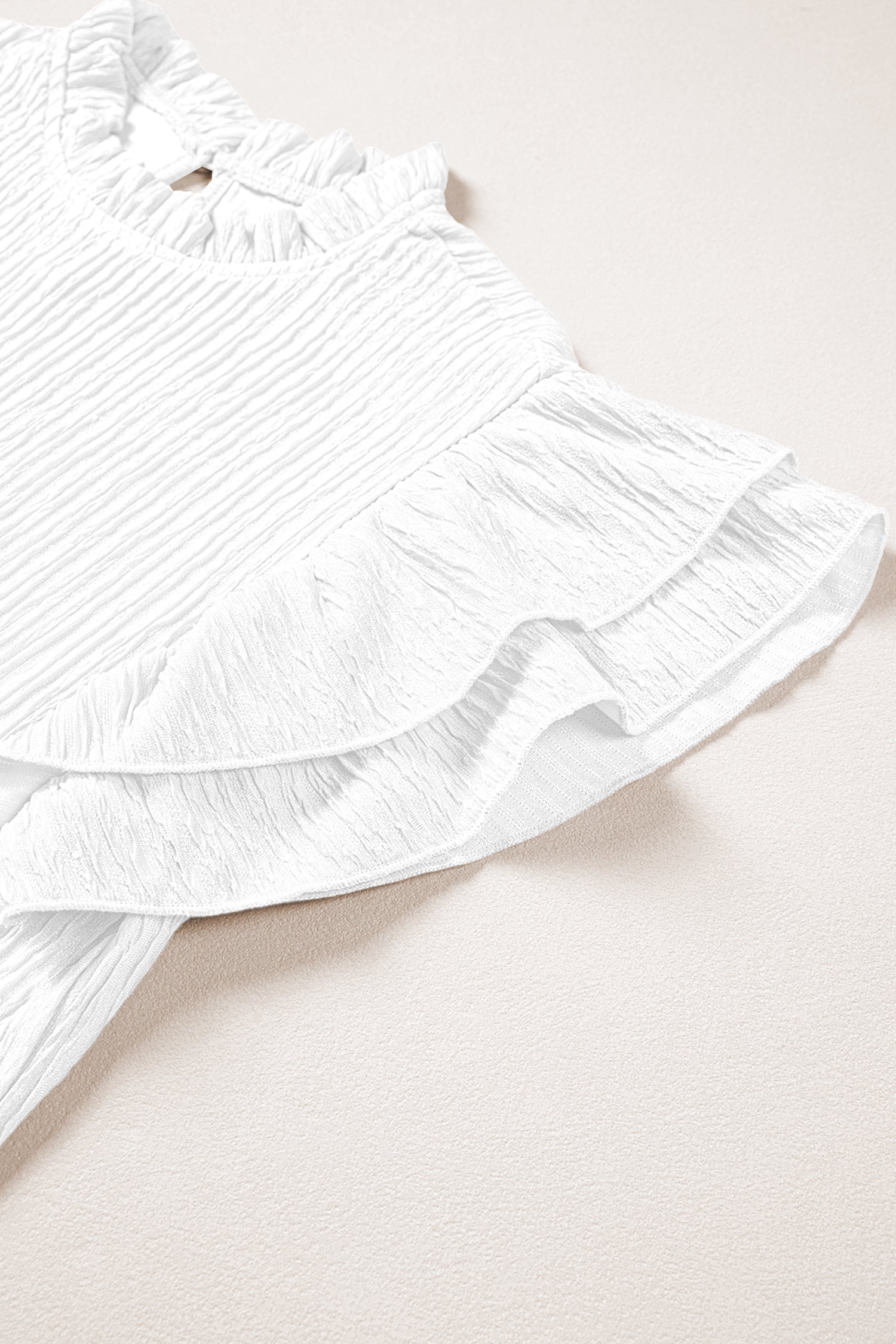 Solid Textured Ruffle Trim Short Sleeve Blouse - Feminine Top
