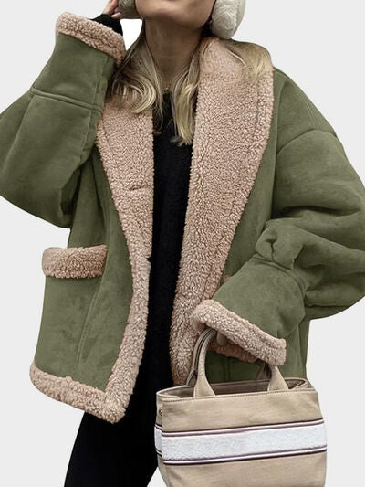 Women’s Fuzzy Collared Long Sleeve Jacket with Button Closure