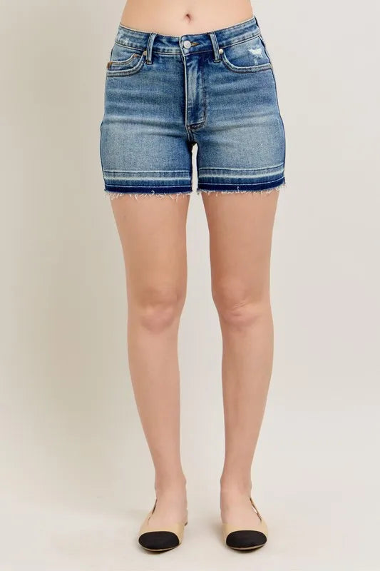 Judy Blue Full Size Mr Tummy Control Vintage Wash Release Hem Shorts Plus Size