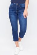 Dark indigo high-rise skinny jeans with light destruction and ripped knees