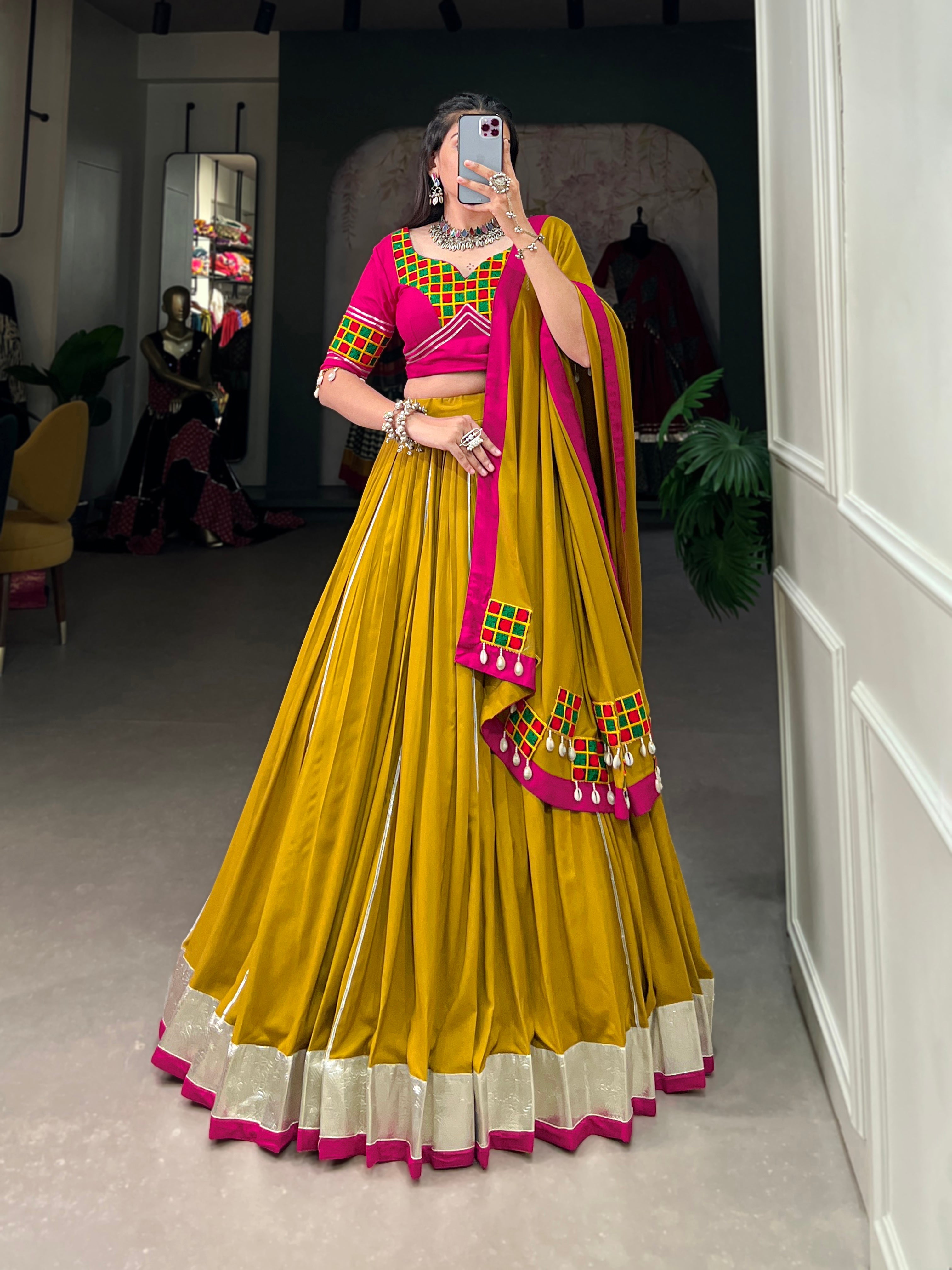 Mustard Pure Rayon Lehenga Choli with lace border and gota patti detail