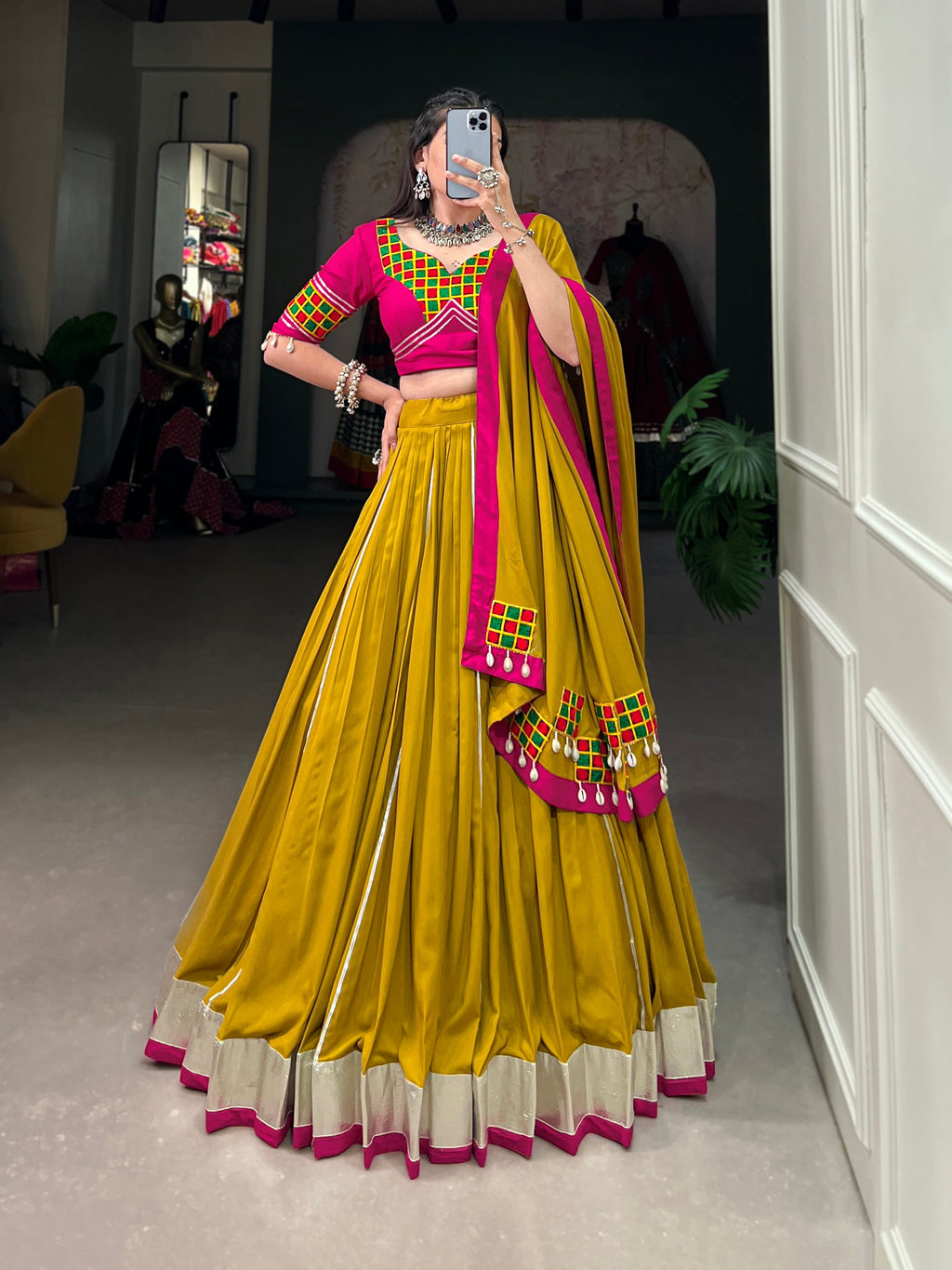 Mustard Pure Rayon Lehenga Choli with Lace and Gotta Patti Details