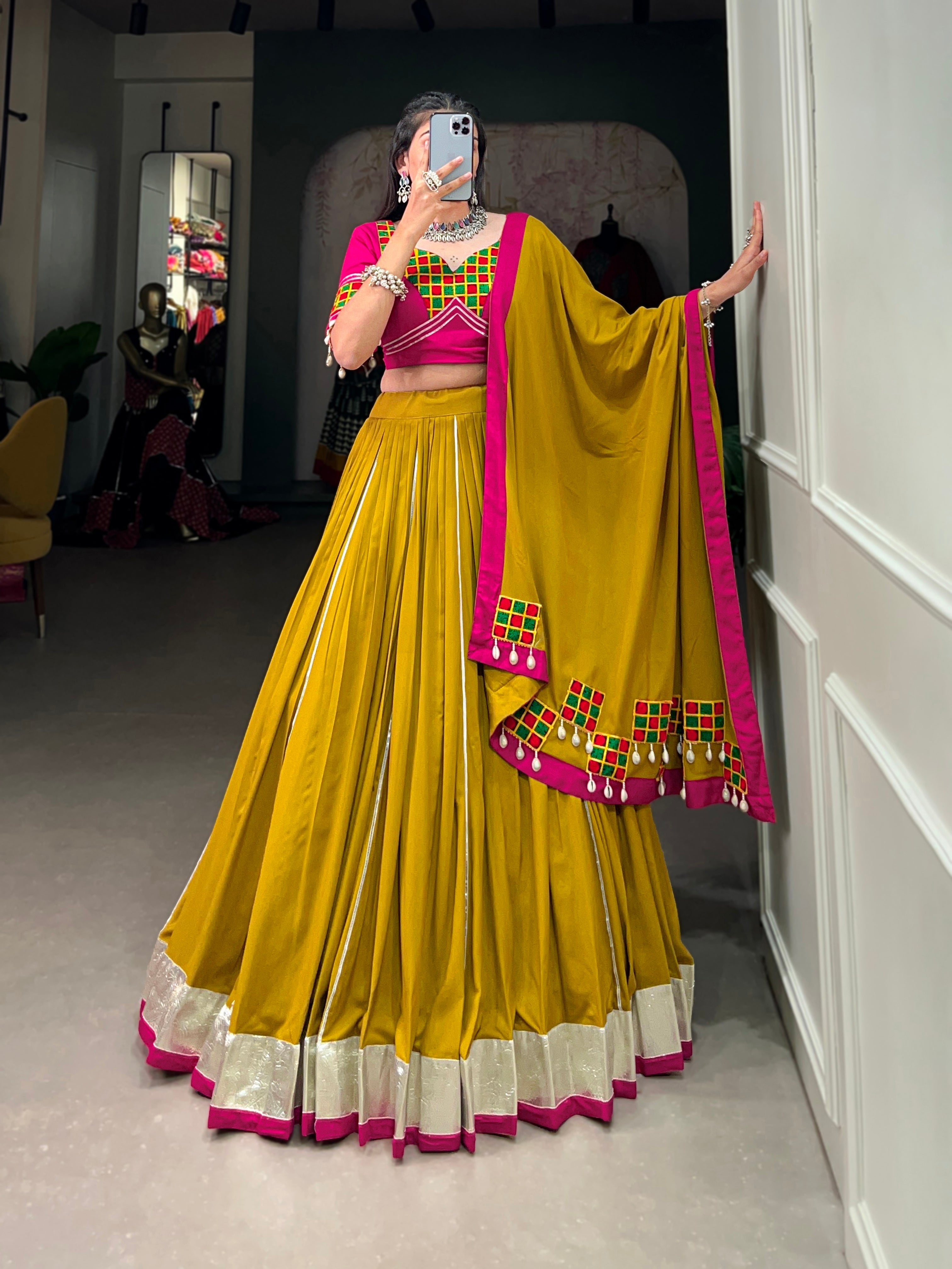 Mustard Pure Rayon Lehenga Choli with Lace and Gotta Patti Details