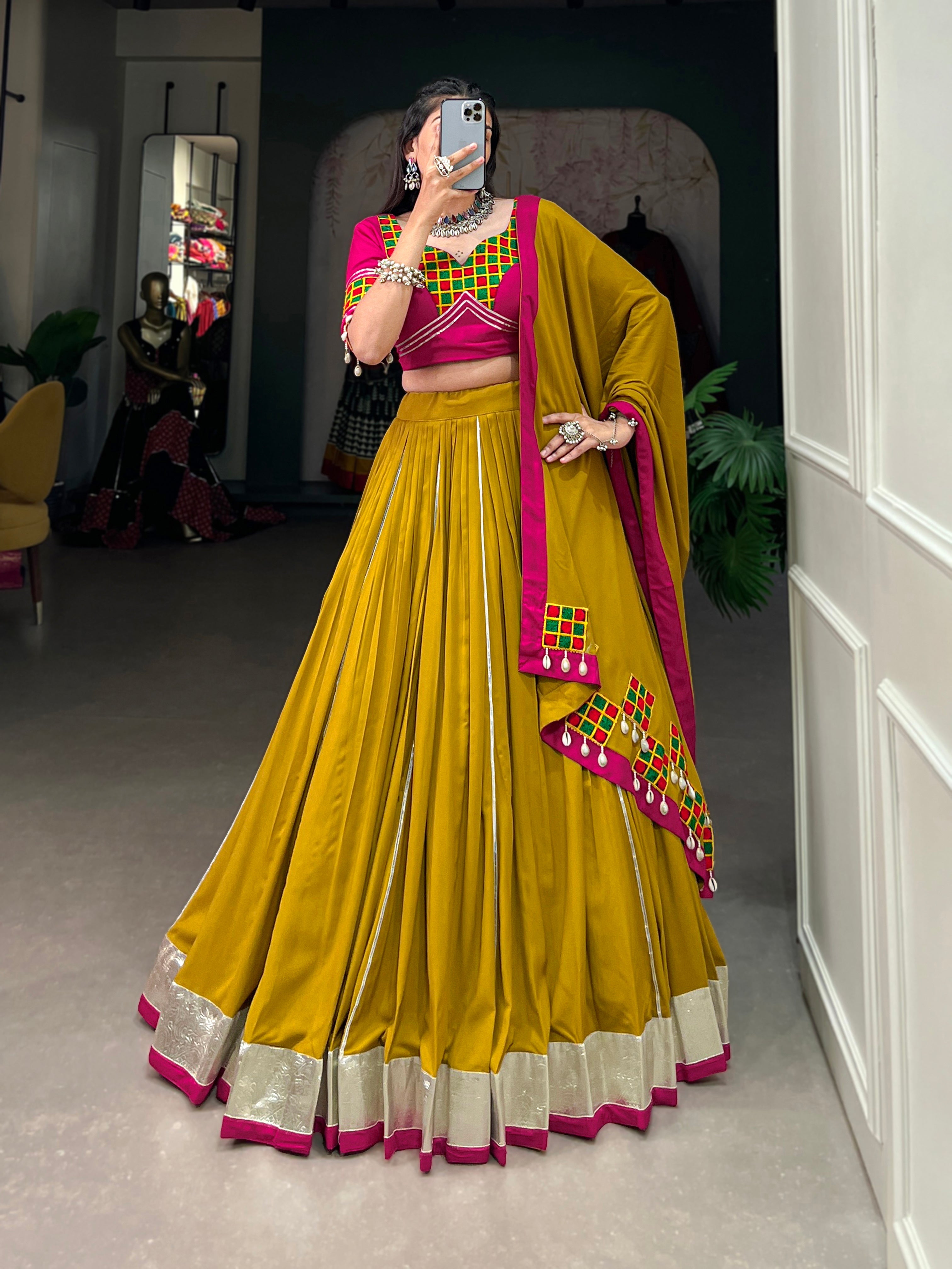 Mustard Pure Rayon Lehenga Choli with Lace and Gotta Patti Details