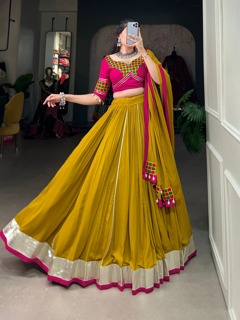 Mustard Pure Rayon Lehenga Choli with Lace and Gotta Patti Details