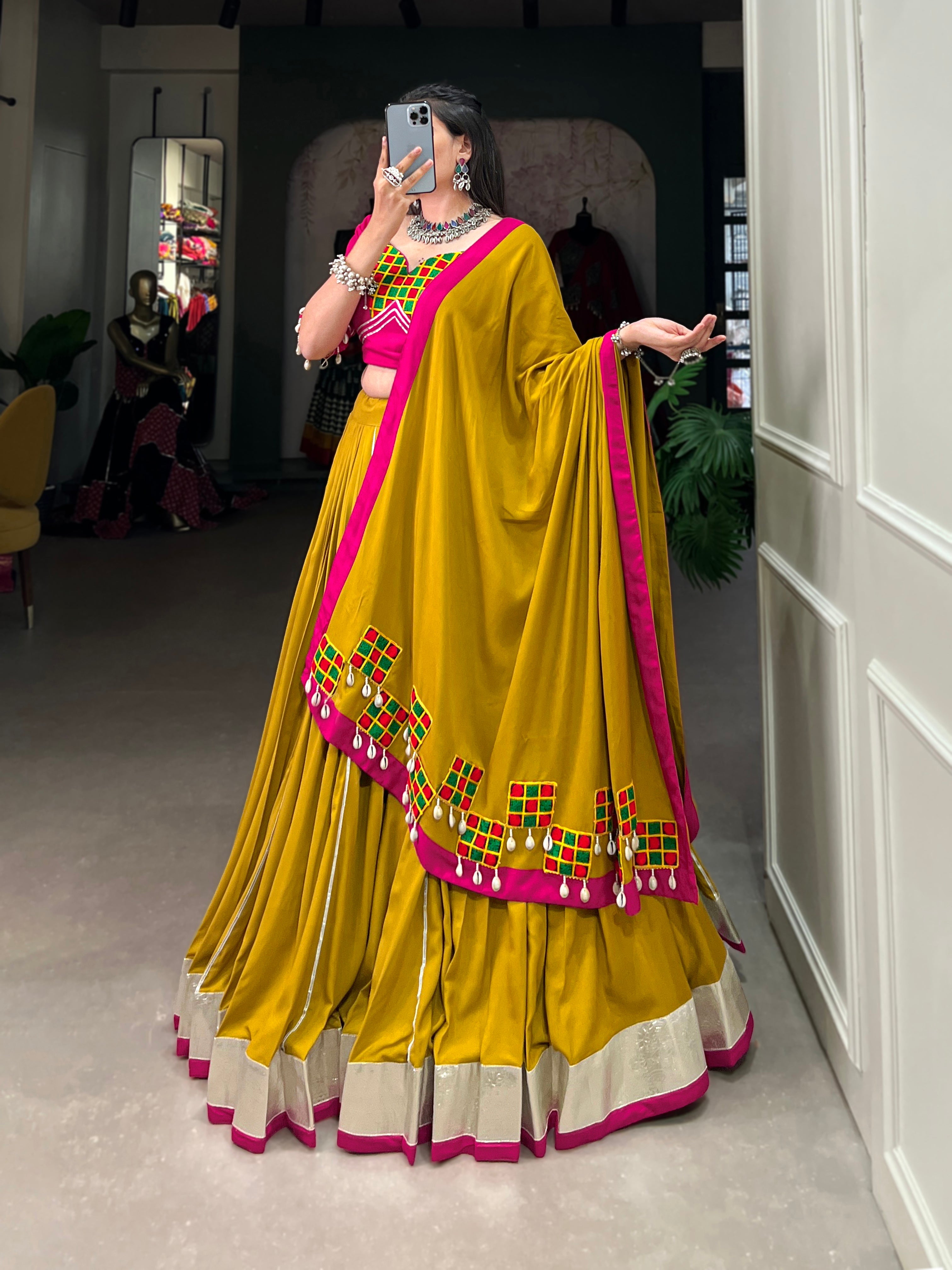 Mustard Pure Rayon Lehenga Choli with Lace and Gotta Patti Details