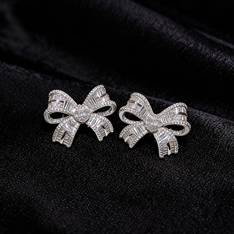 Women Minimalist Cubic Zirconia Bow Stud Earrings,Niche Delicate Versatile High Grade Fashion Dangle Earrings For Daily Occasion Jewelry