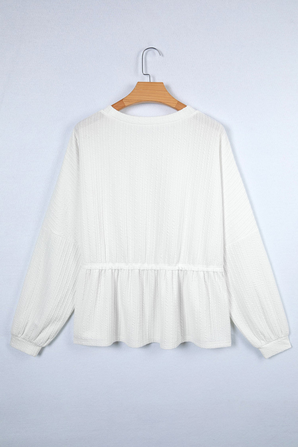 White Textured Drop Shoulder Peplum Long Sleeve Blouse