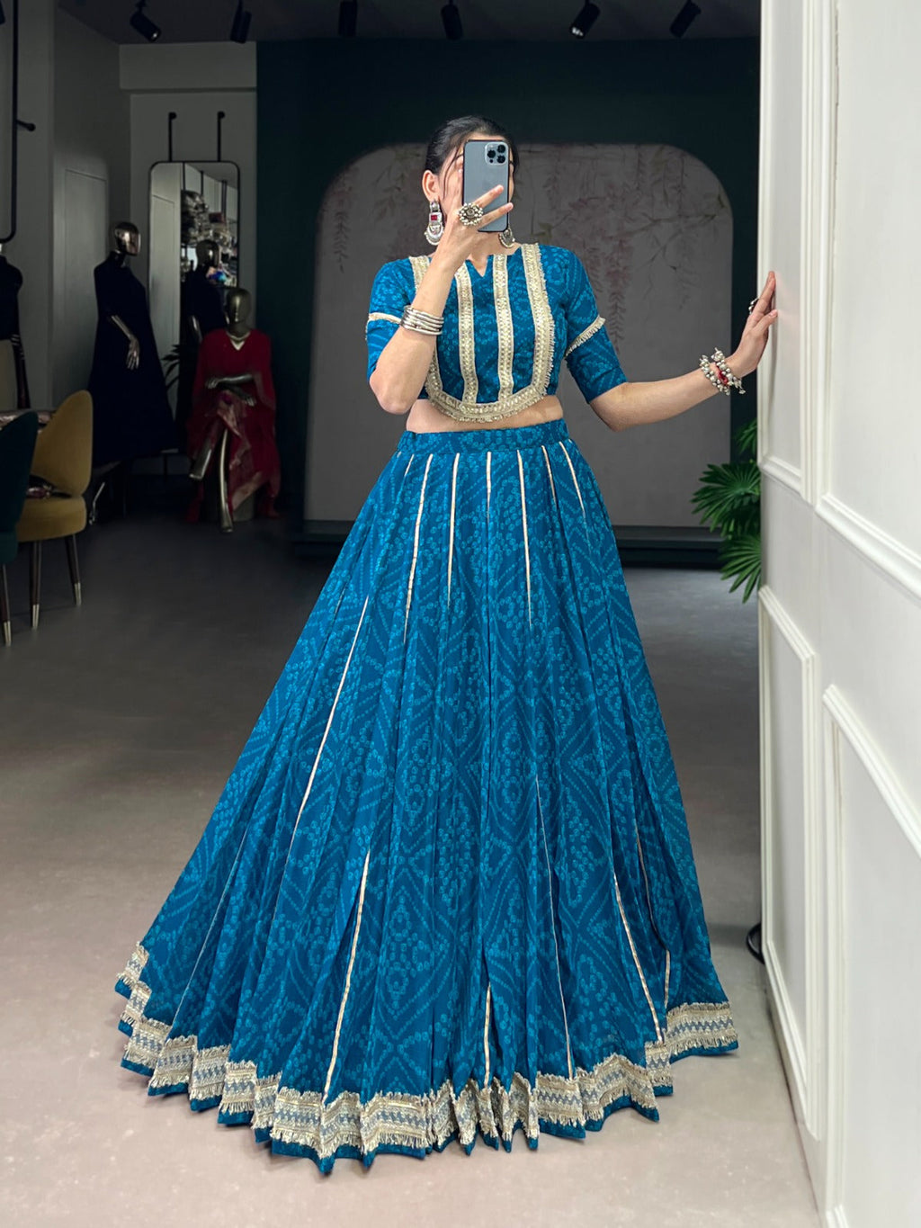 Firozi Chiffon Bandhej Print Lehenga Choli with Sequins and Gotta