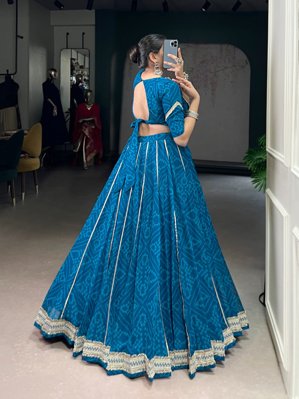 Firozi Chiffon Bandhej Print Lehenga Choli with Sequins and Gotta
