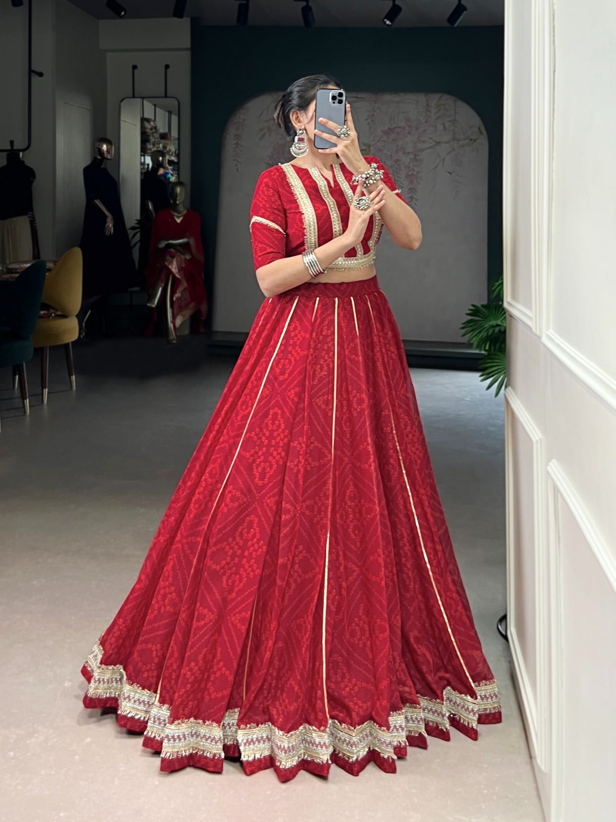 Red Bandhej Print Chiffon Lehenga Choli with Sequins and Gotta Patti
