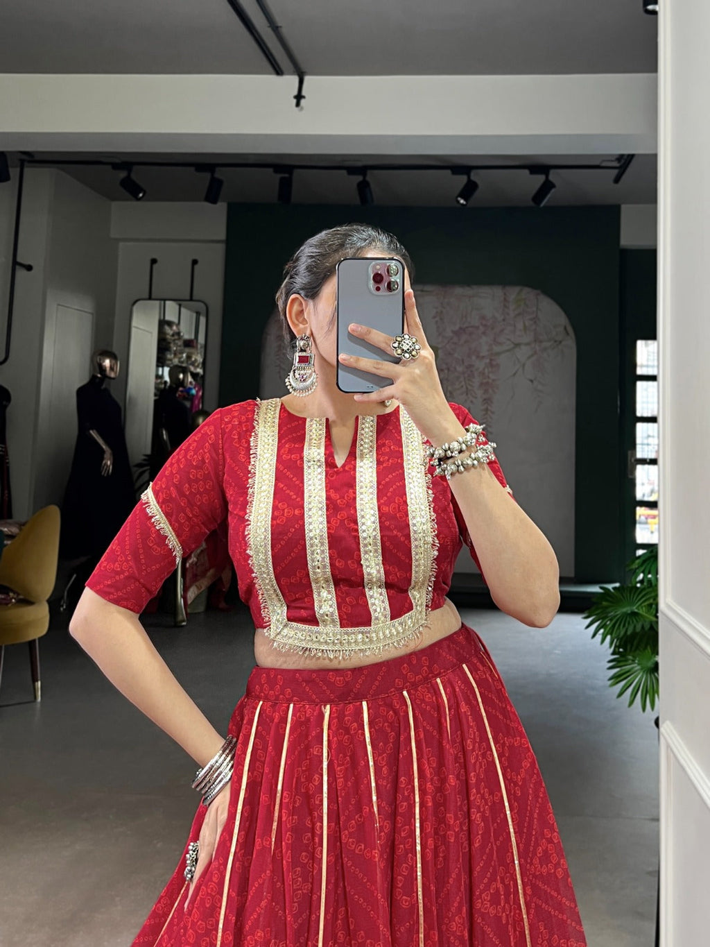 Red Bandhej Print Chiffon Lehenga Choli with Sequins and Gotta Patti