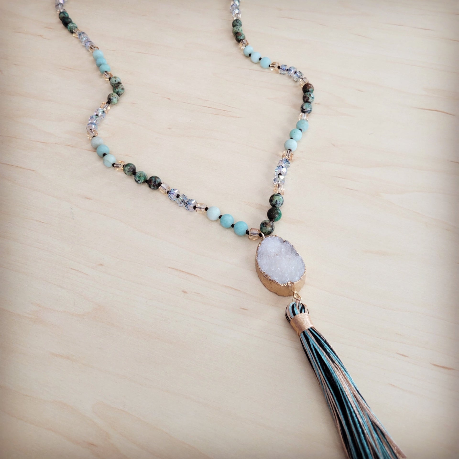 Amazonite Bead Necklace with White Druzy Pendant and Tassel