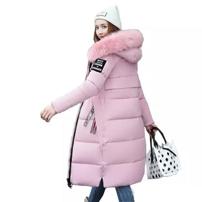 Women's Harajuku Style long pink puffer parka with detachable pink faux fur hood, full zipper closure, and graphic patch on sleeve.