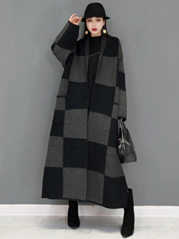 Women's Harajuku Plaid Knitted Longline Coat - Vintage Style - Image 2