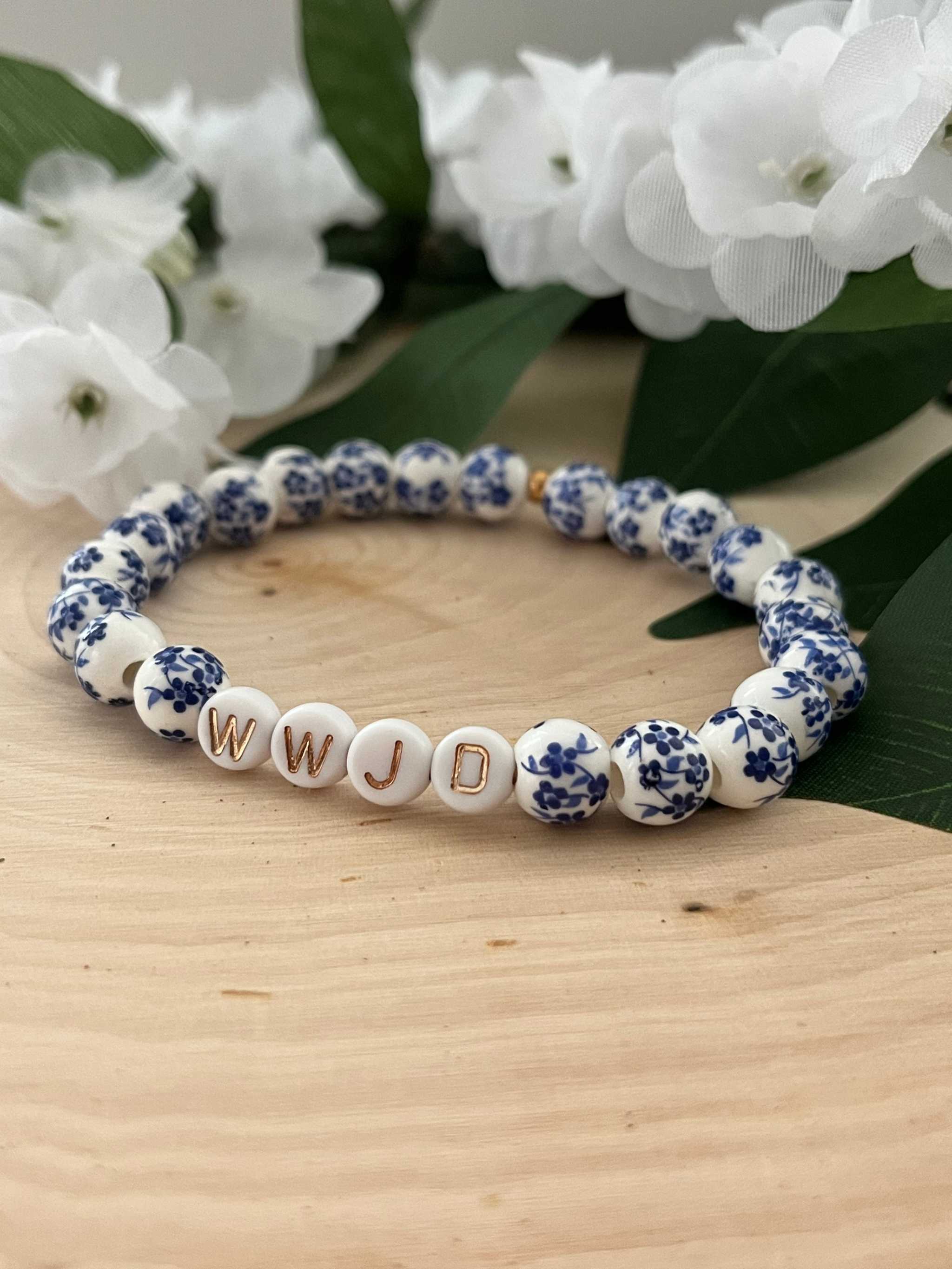 WWJD Faith Bead Bracelet Glass Pearl and Natural Stone
