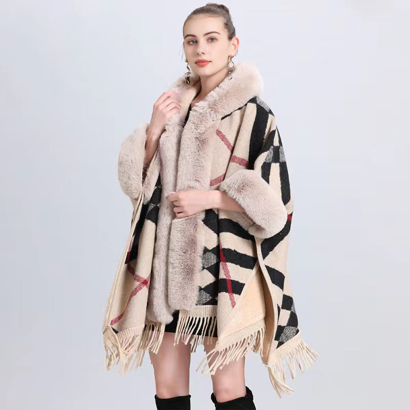Women's Knitted Hooded Poncho with Fur Trim & Tassels for Winter