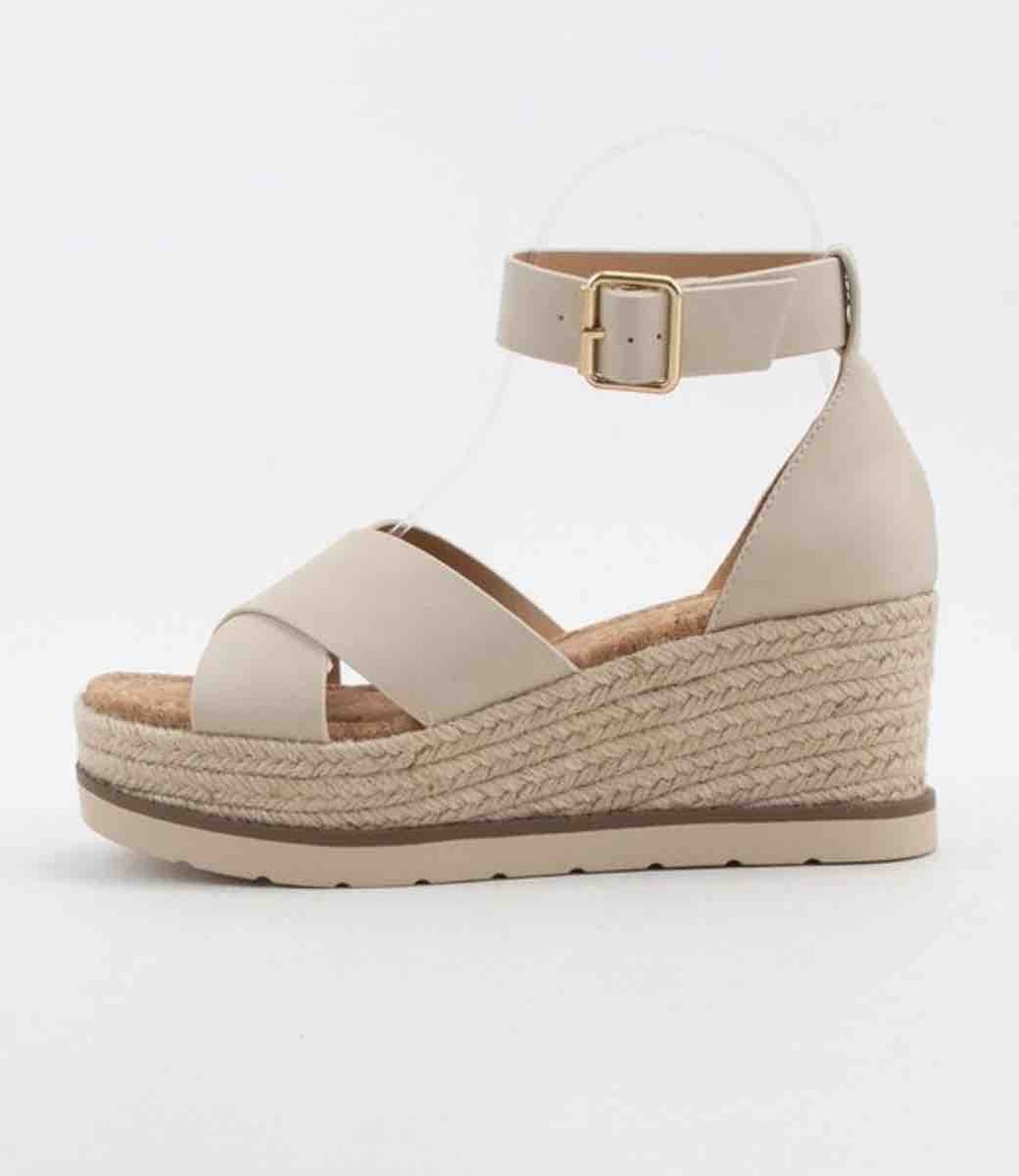 Beige Nubuck Open-Toe Platform Wedge Heel with Espadrille Detail