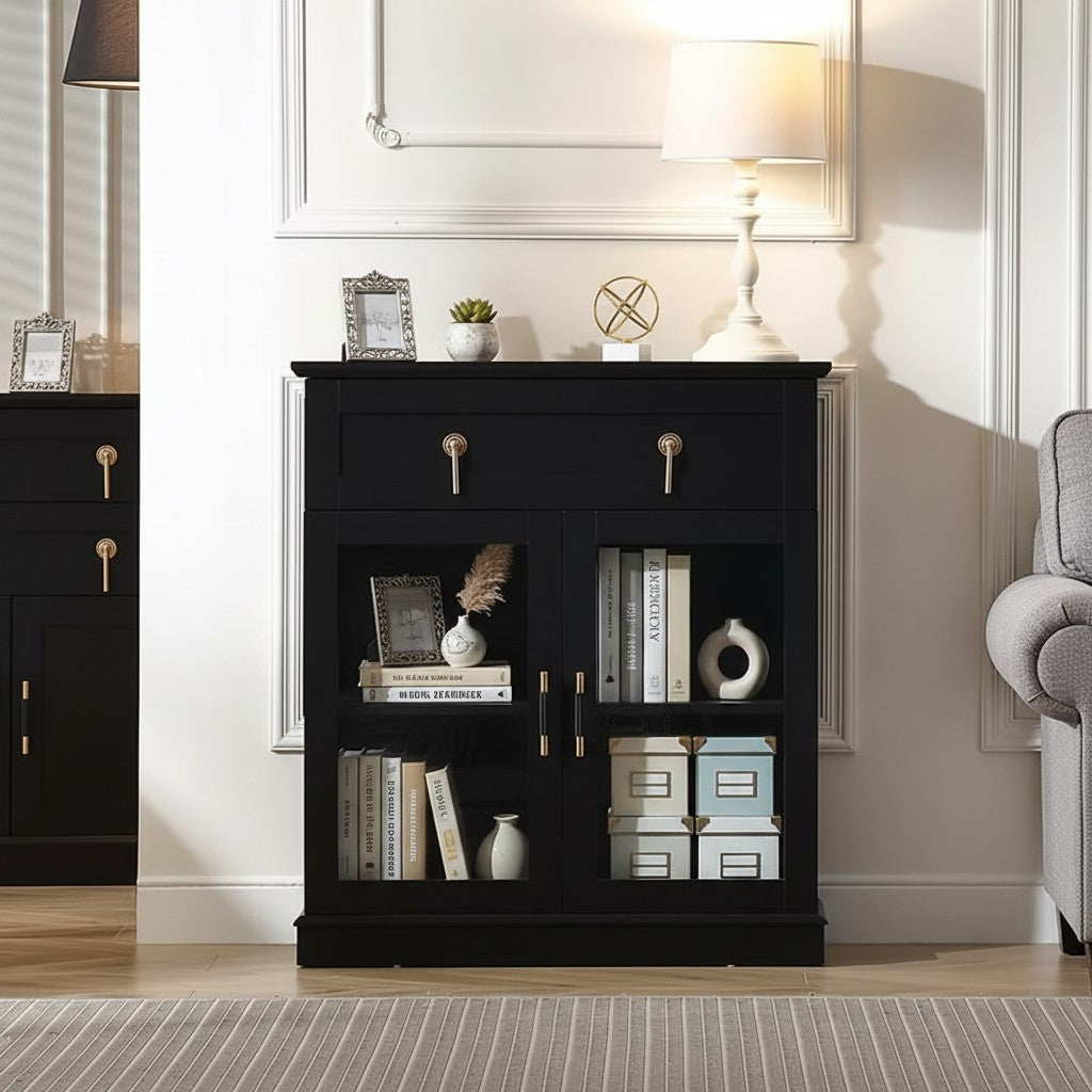 Modern Glass Door Cabinet with Adjustable Shelves, Compact Storage