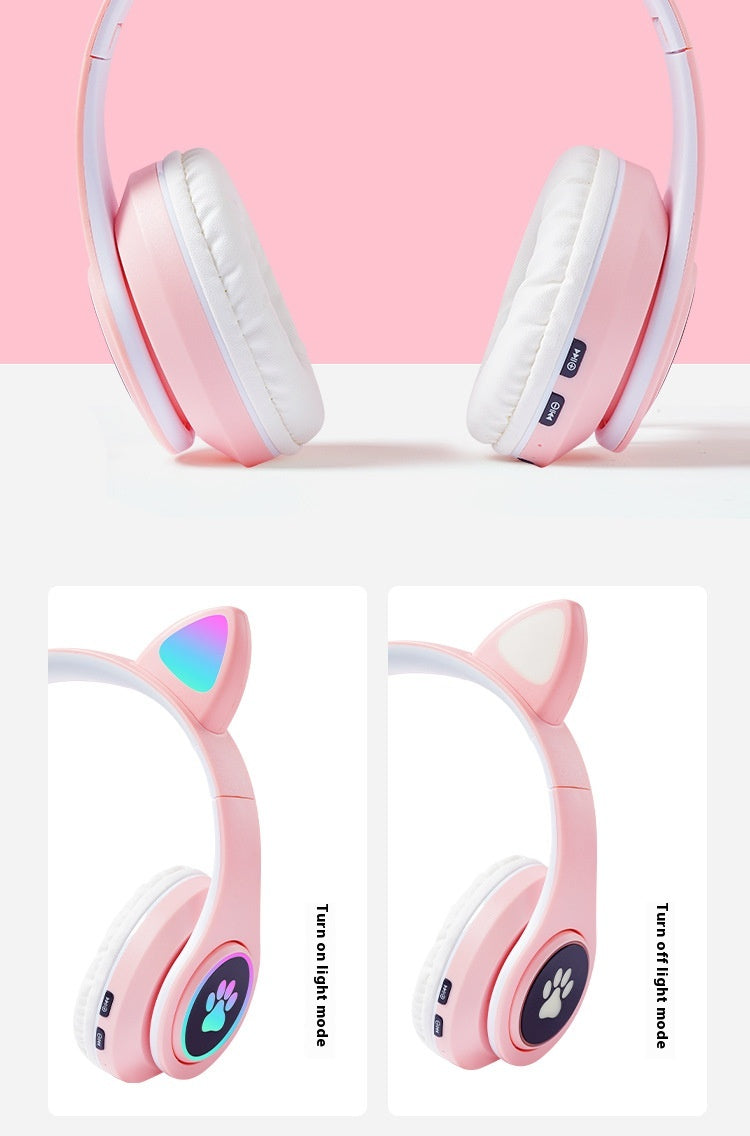 Kids Cat Ear Wireless Bluetooth Headphones with Safe Volume & LED