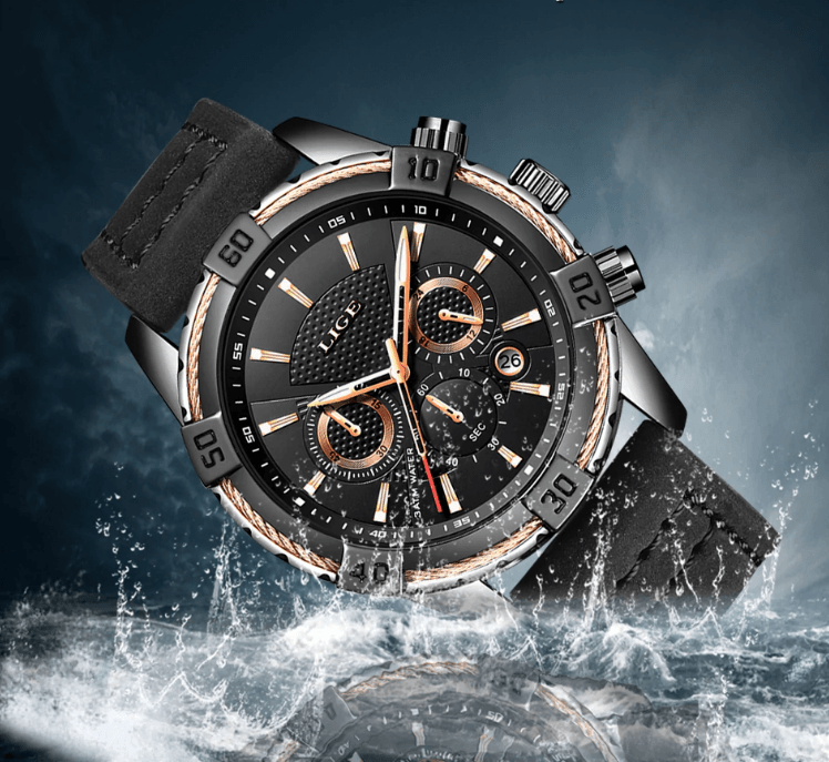 Waterproof men's chronograph watch with gold accents and date display