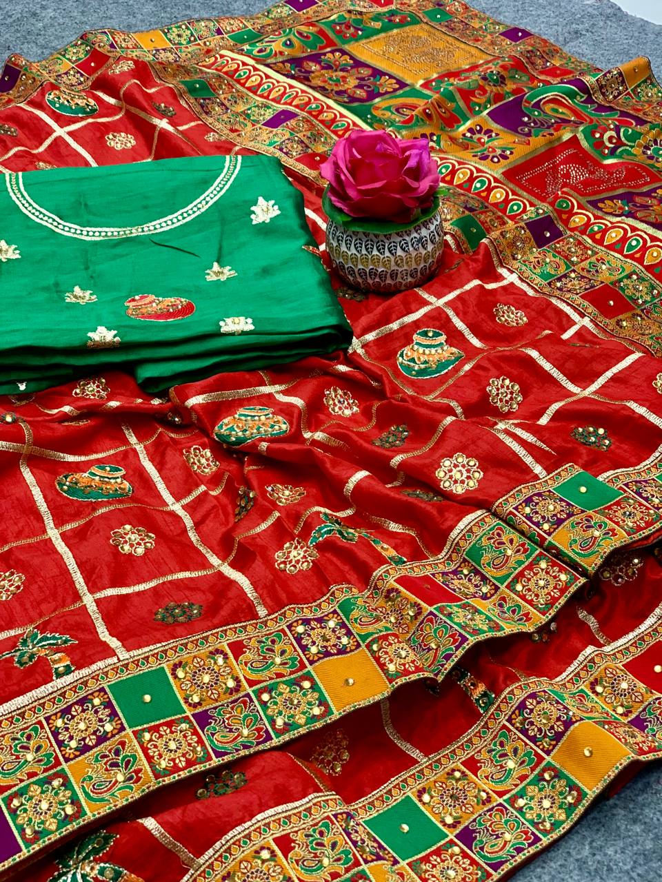 Red Dola Silk Saree with Embroidery and Jacquard Lace Border