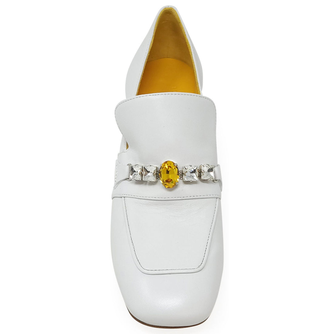 White Leather Mid Heel Loafers with Jeweled Accent - Image 4