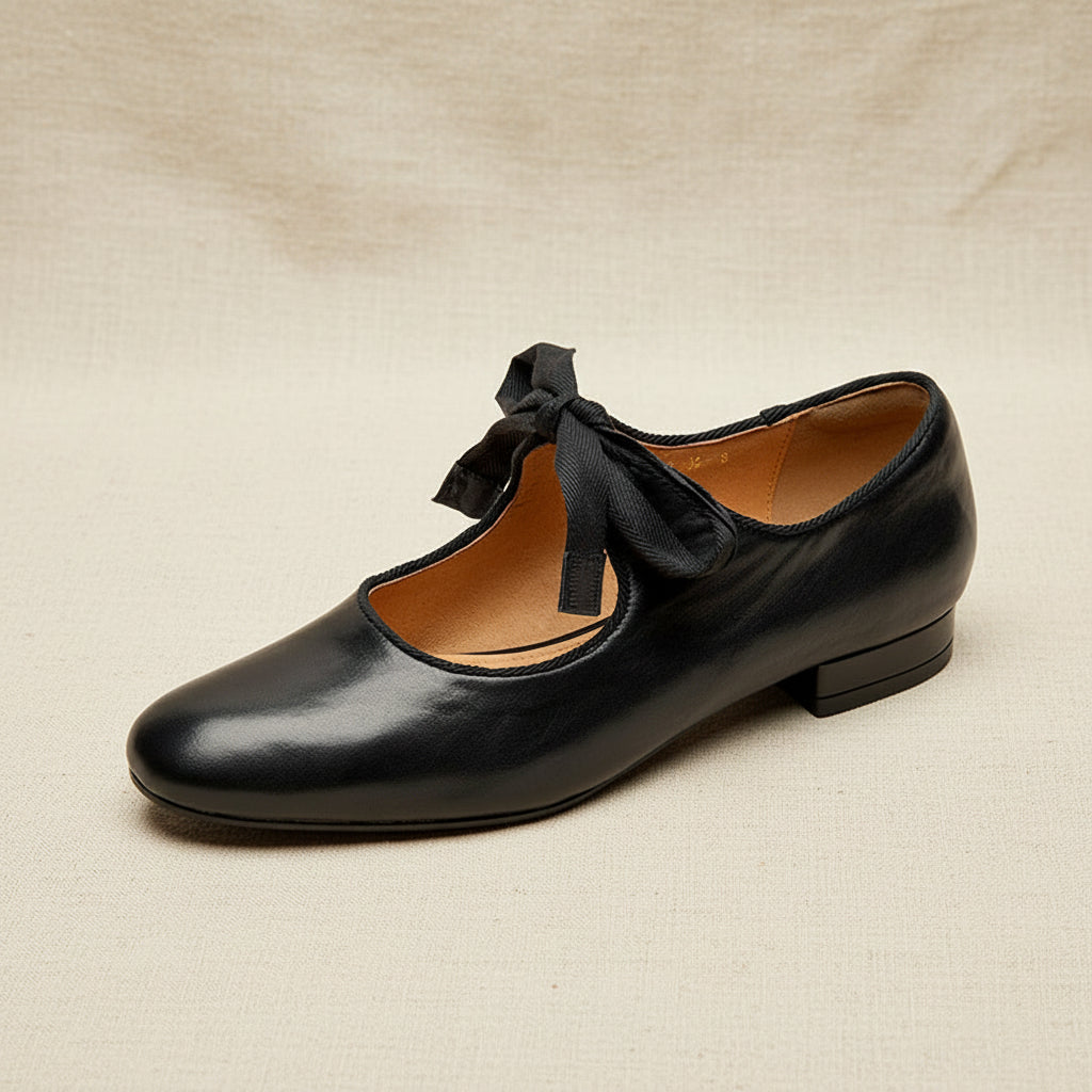 Vintage Style Genuine Leather Ribbon Tie Ballet Flats Shoes - Image 2